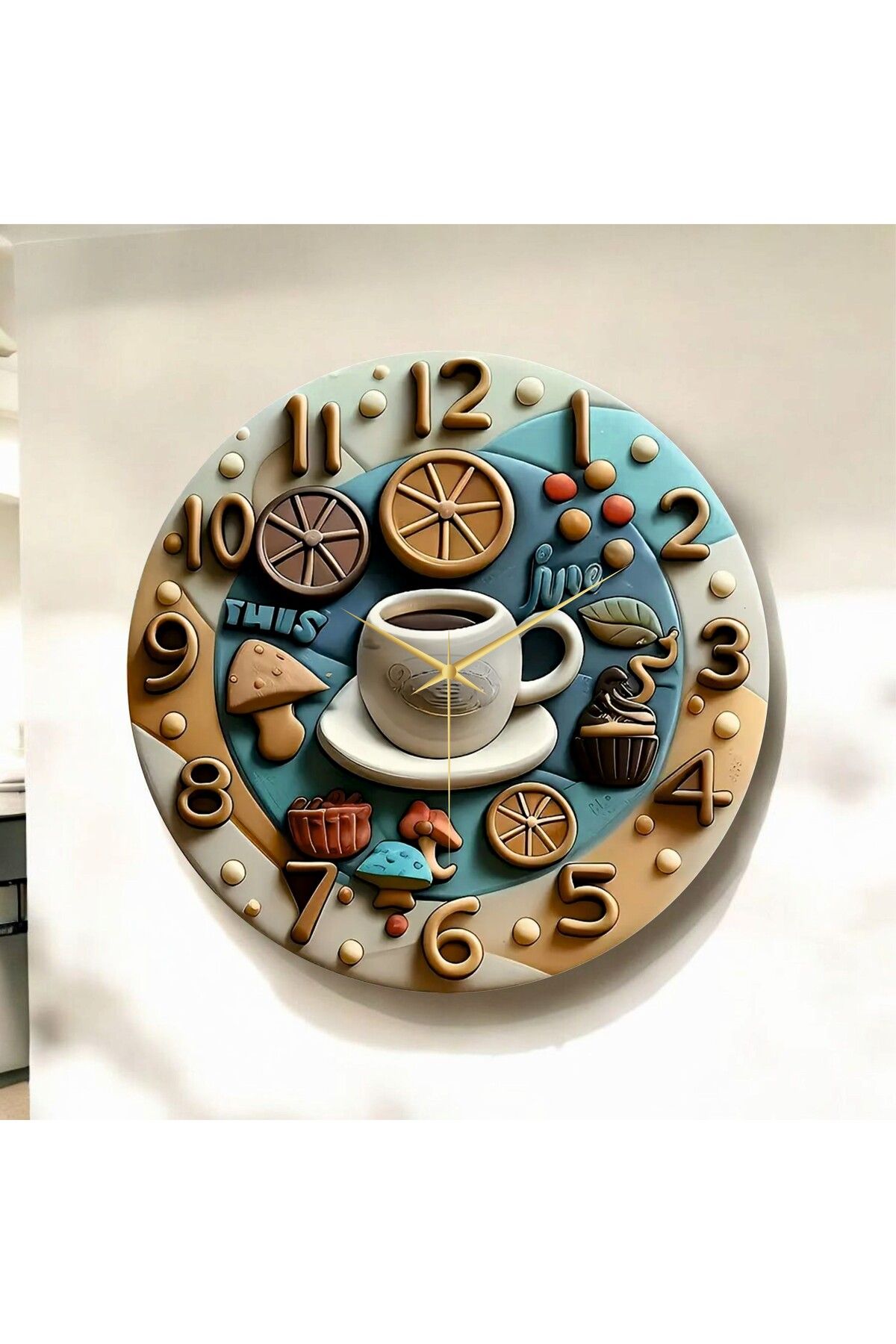 AA Shop Renkli Baskı Kahve Desenli Sayılı Hediyelik Ahşap Sessiz Duvar Saati 50cm