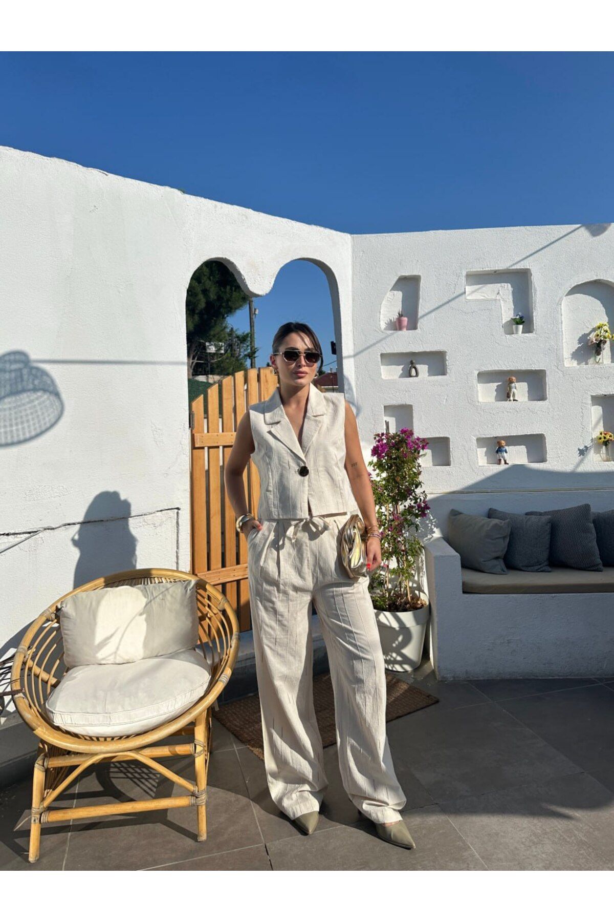AsprinFashion Tek Düğmeli Yelek Pantolon Takım ekru