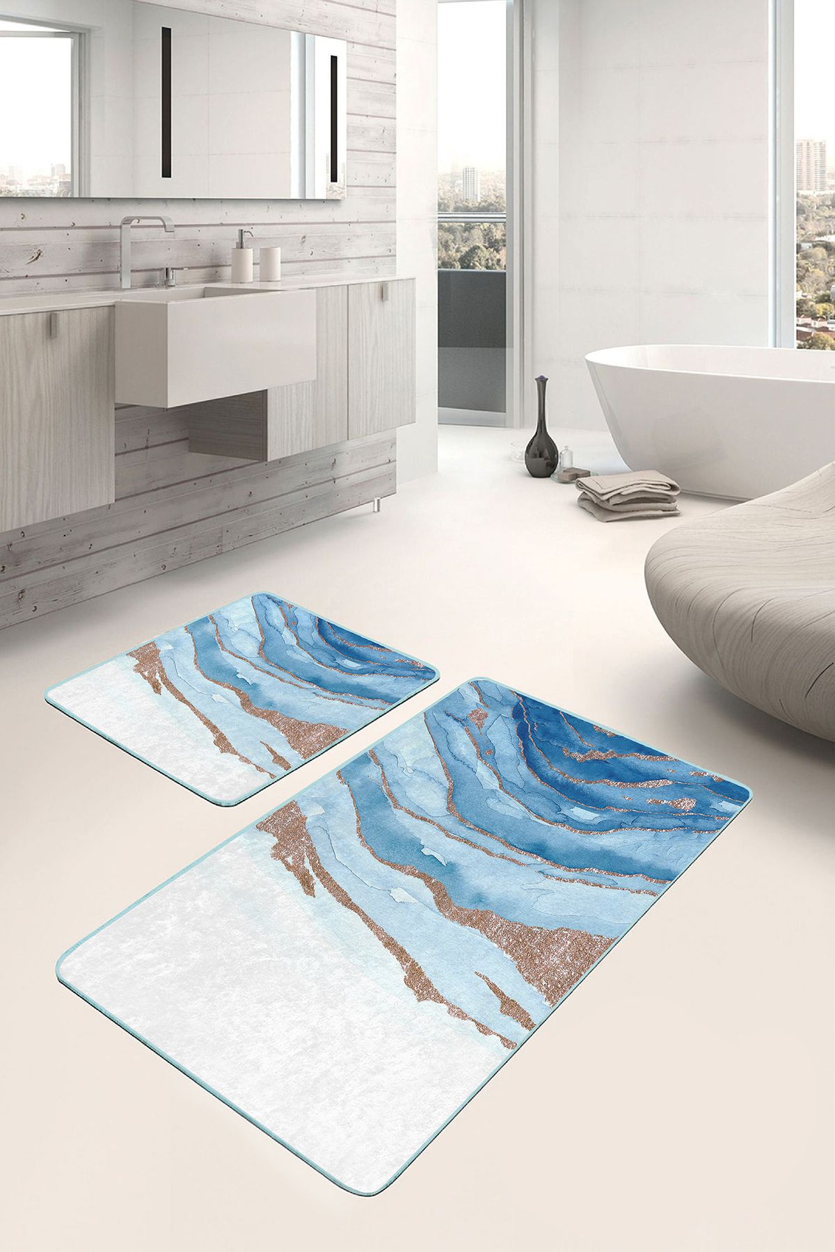 Realhomes 2'li Set Gold Mavi Zeminde Mermer Motifli Kanvas Desenli Sade & Şık Modern 2'li Banyo Paspas Takımı