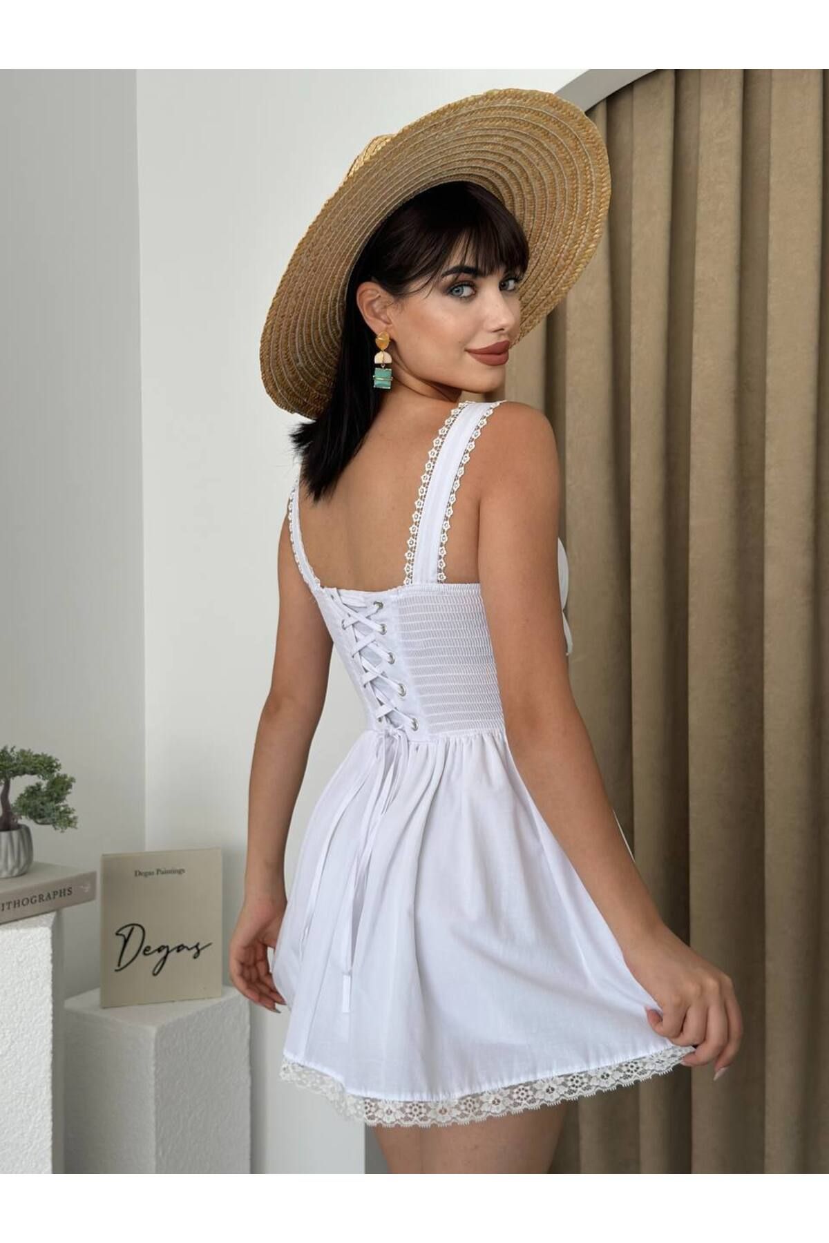 ETİKAFASHION Poplin Arkası Bağlamalı Kalp Yaka Mini Elbise