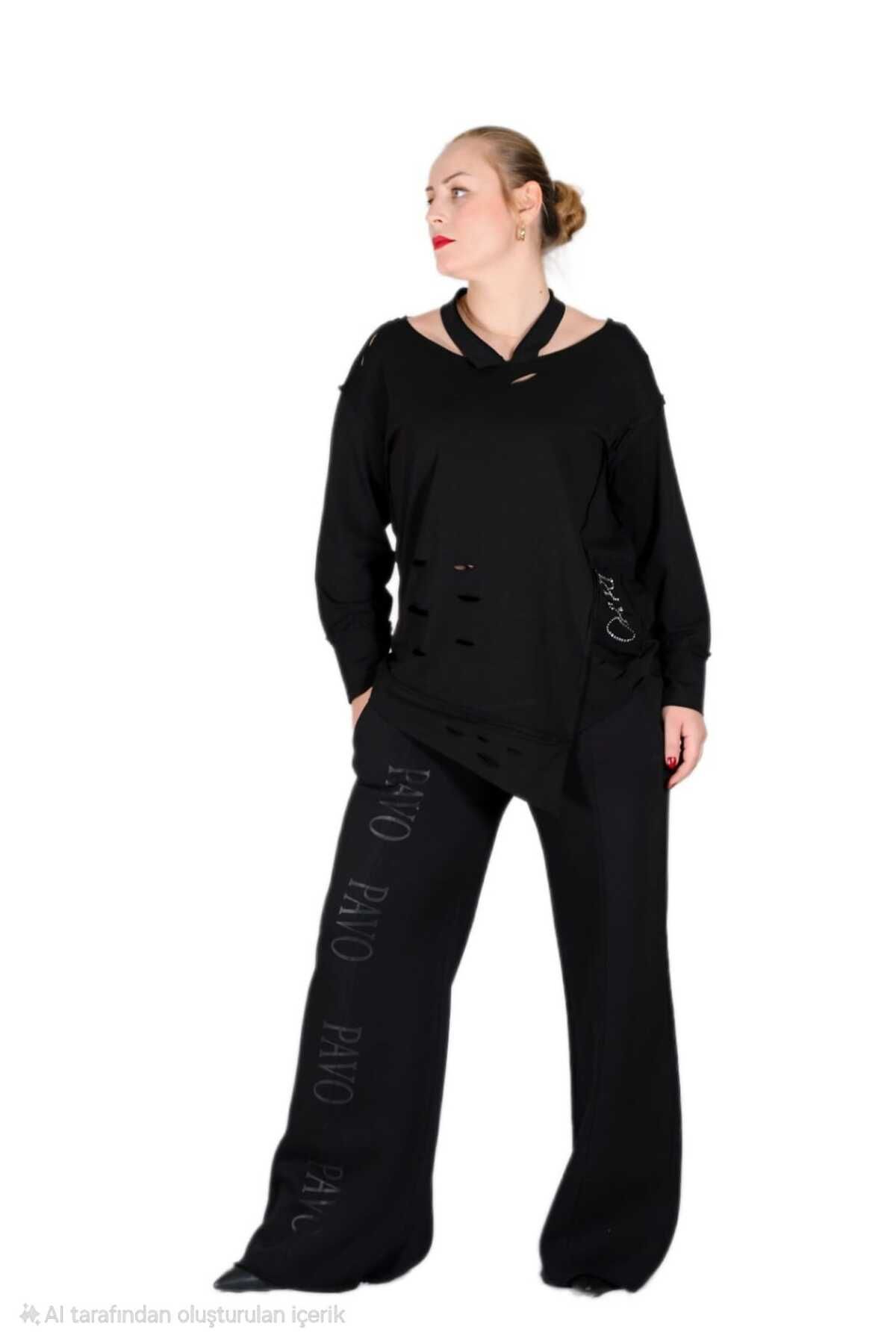İnsa Fashion Bol Paçalı, Marka Baskılı ve Taşlı, Siyah Eşofman Altı