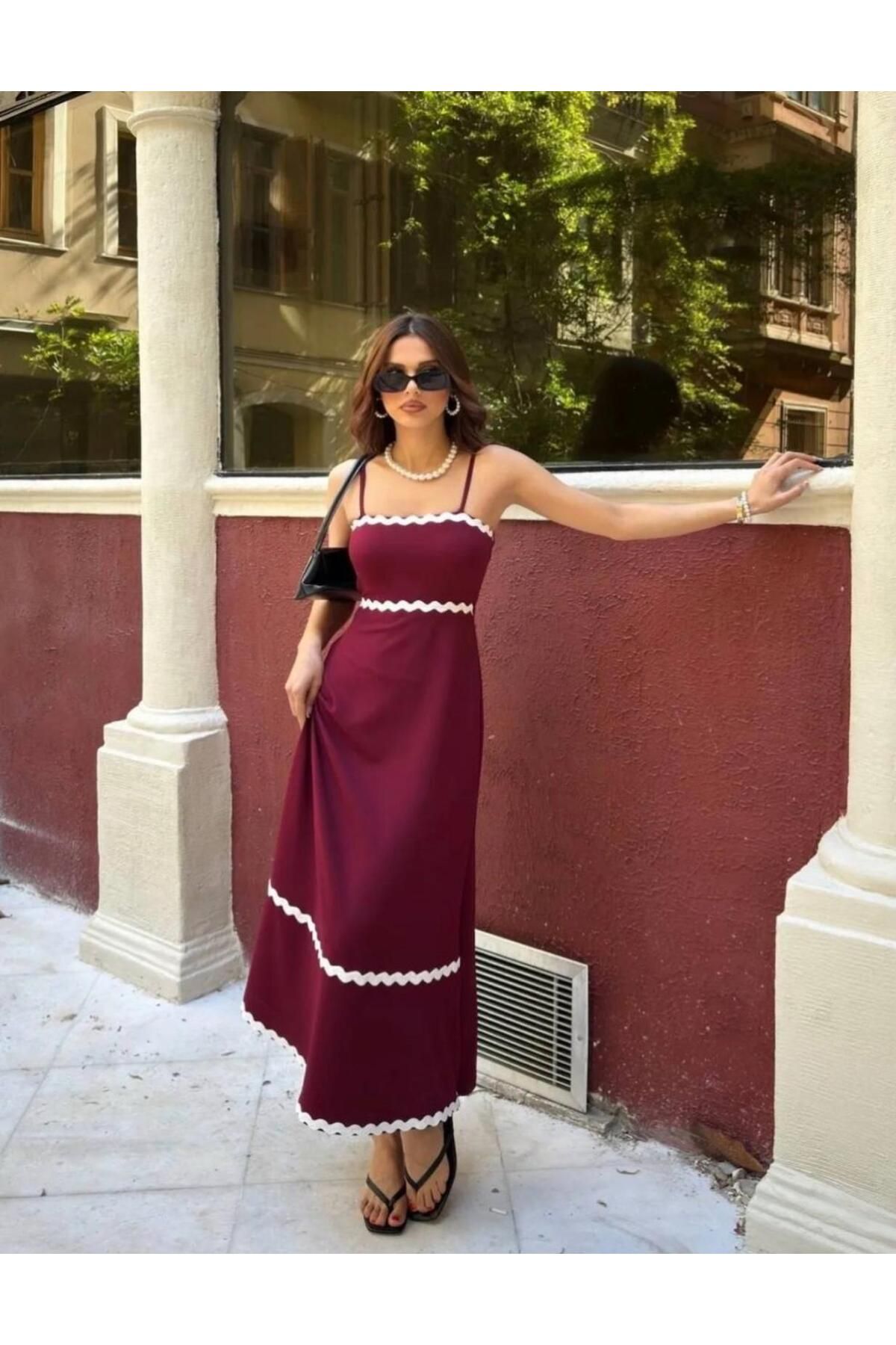 MODA Kadın İnce İp Askılı A Kesim Midi Boy Vintage Elbise