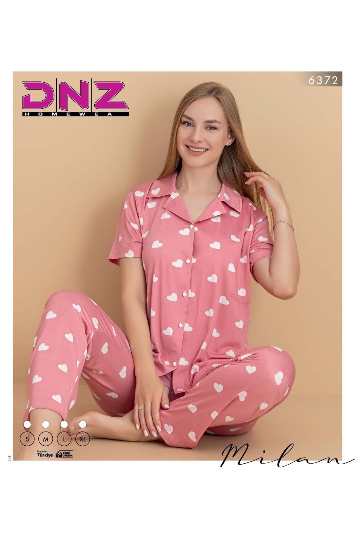 Dnz Kadın pamuklu Milan kumaş kalp Desenli düğmeli pijama takımı