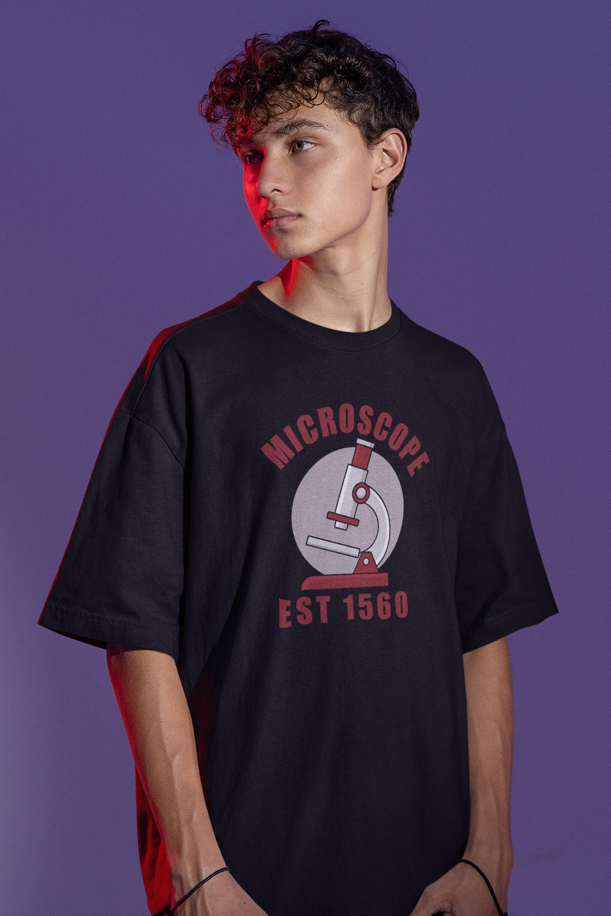 Uniquetex NUBENSE / MİKPA-09 - Oversize Unisex Mikroskop Baskılı Siyah Bisiklet Yaka T-shirt (Bilim Tişört)
