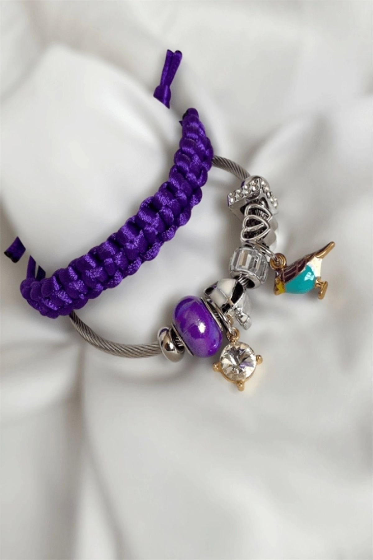 Night Pearl Mor Charm Bileklik & Makrome Örgü Bileklik Kombin