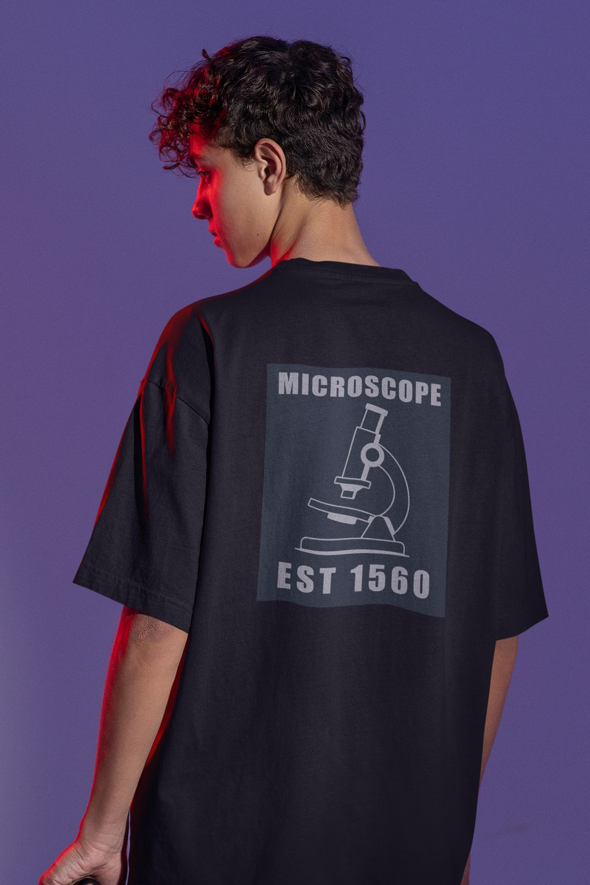 Uniquetex NUBENSE / MİKSE-03 - Oversize Unisex Mikroskop Baskılı Siyah Bisiklet Yaka T-shirt (Bilim Tişört)