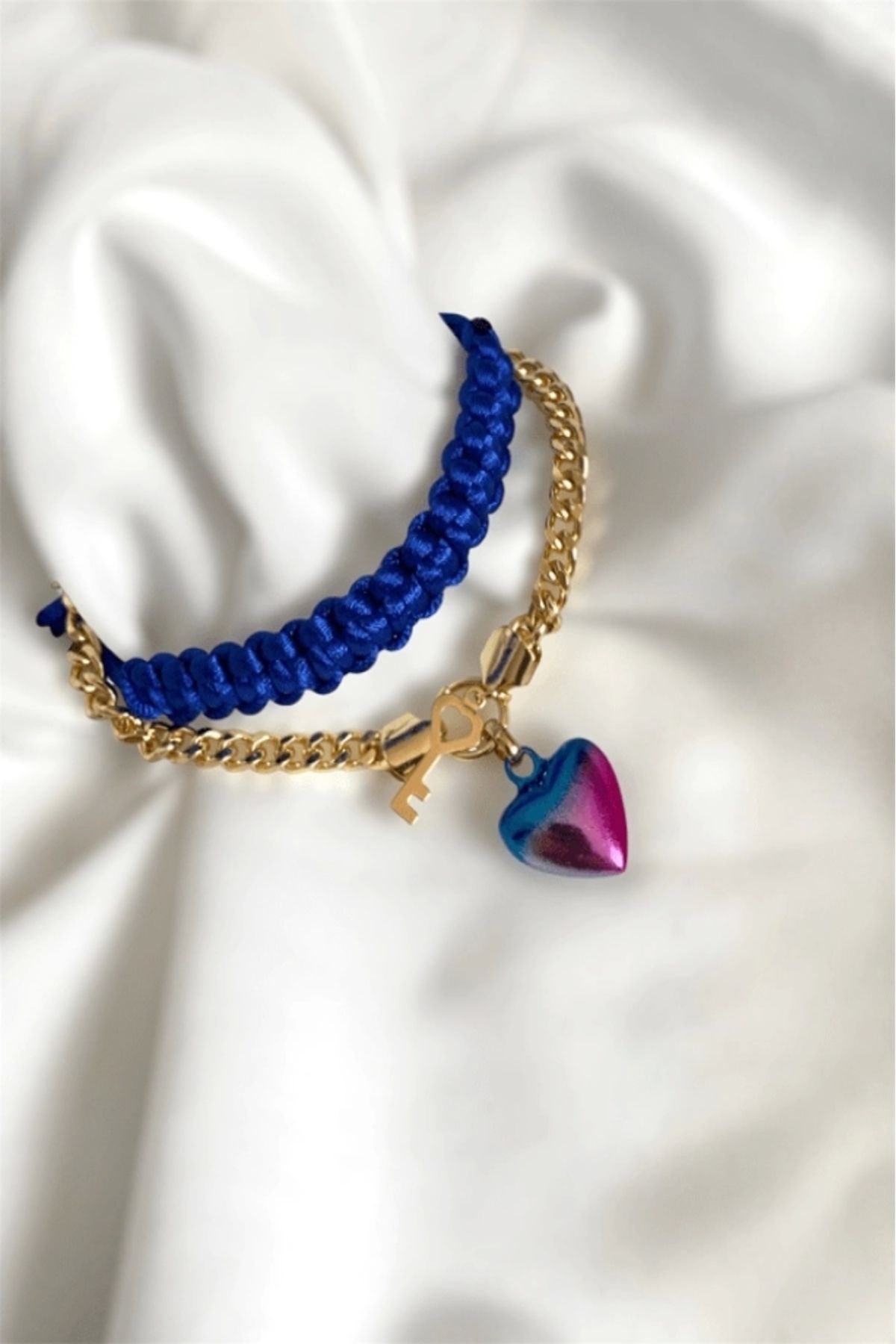 Night Pearl Hematit Taşlı Kalpli Gold Bileklik & Saks Makrome Örgü Bileklik Kombin