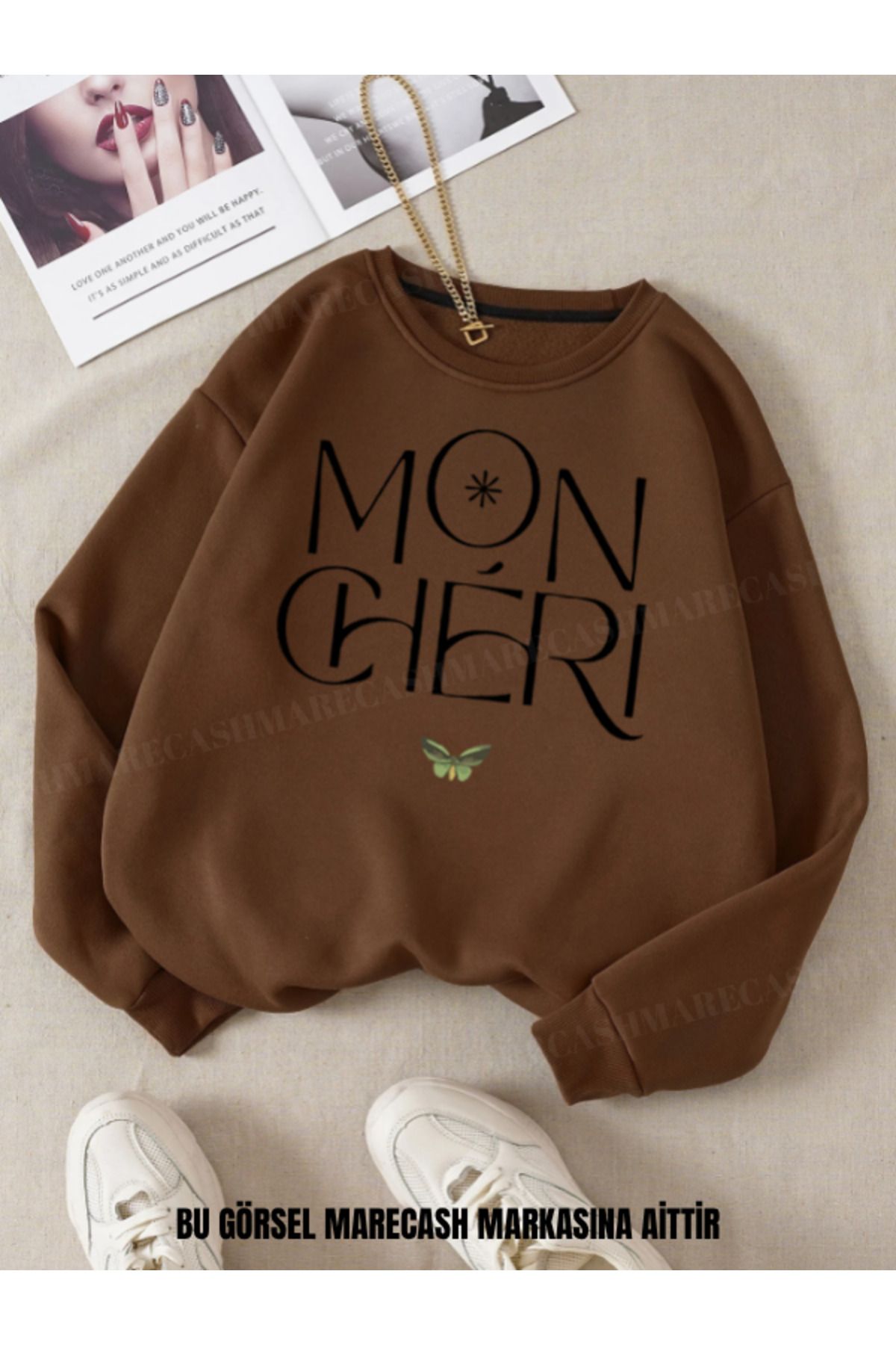 MARECASH Mon Cheri Baskılı Unisex Bisiklet Yaka Sweatshirt 3 İplik Kışlık