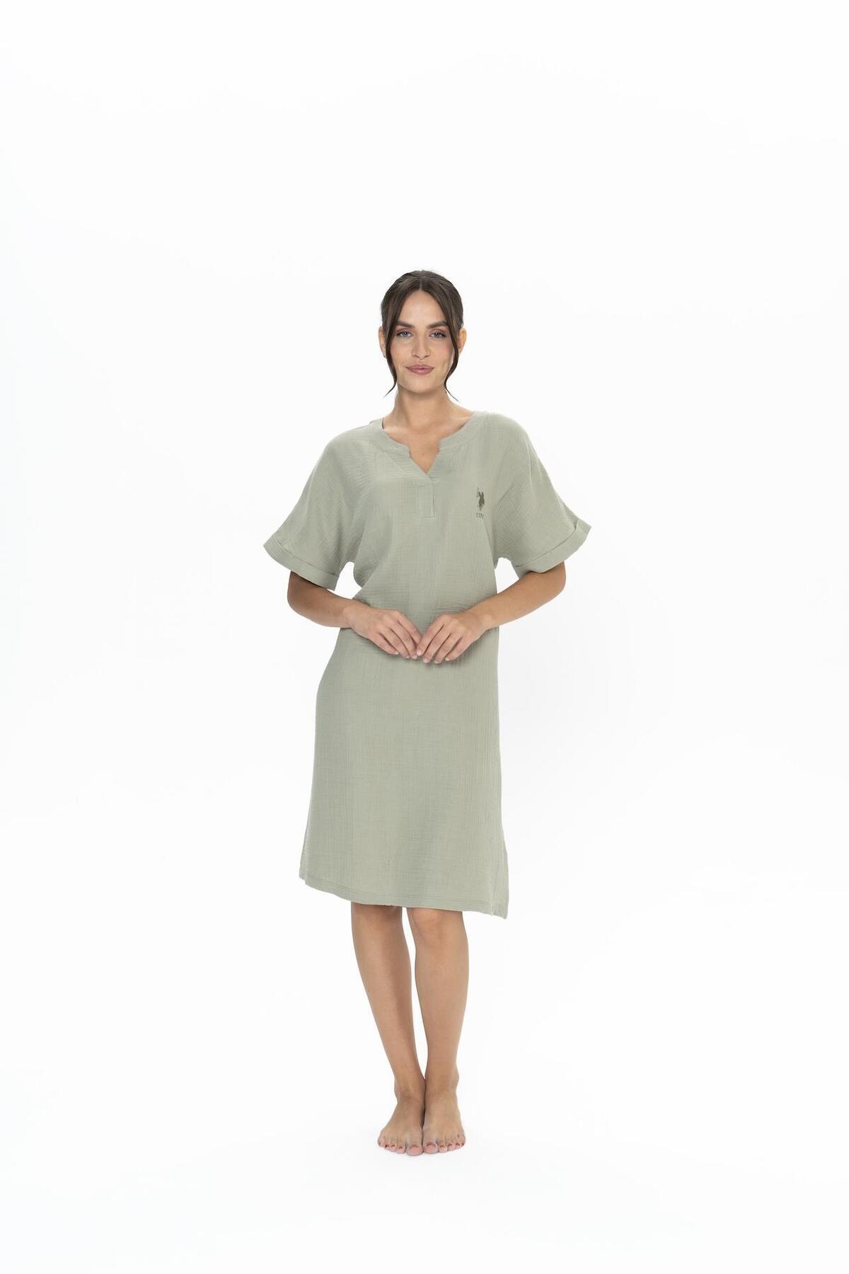 U.S. Polo Assn. Us Polo Kadın Kısakol, V Yaka Ev Giyim Gecelik, %100 Pamuk, Müslin Kumaş