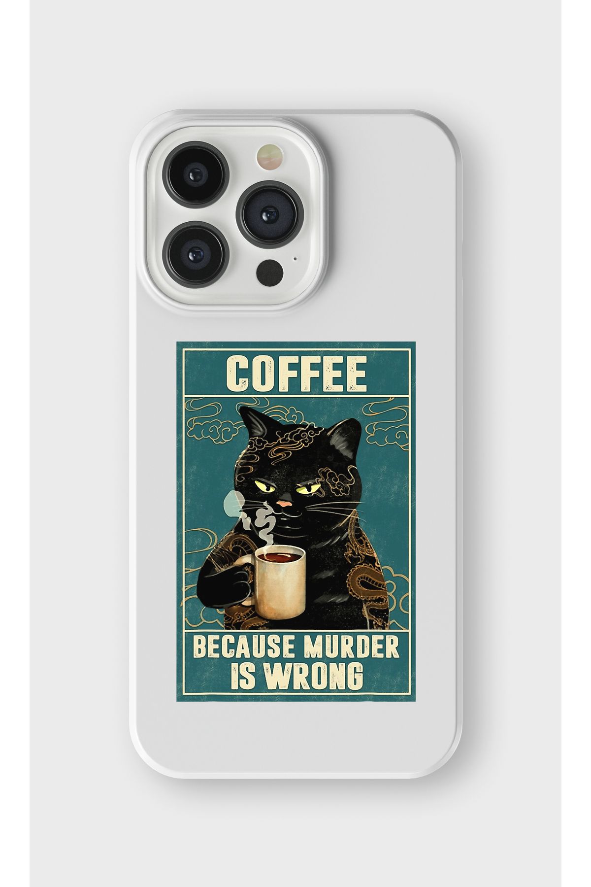 lelia iPhone 13 Pro Uyumlu Murder is Wrong Siyah Kedi Tasarımlı İçi Kadife Lansman Beyaz Silikon Kılıf