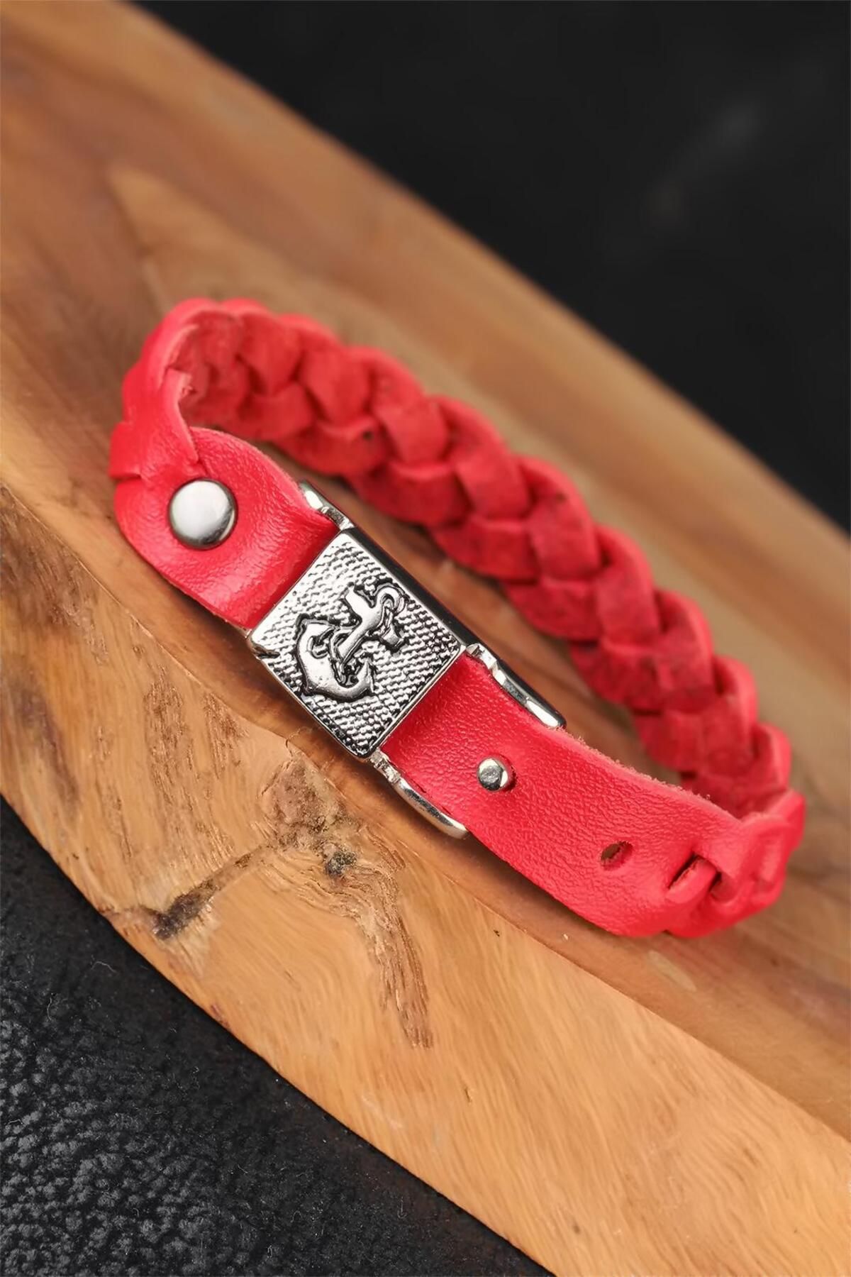 callerrons accessories Kırmızı Renk Örgü Model Deniz Çapası Aksesuarlı Deri Erkek Bileklik - EB2846-ST