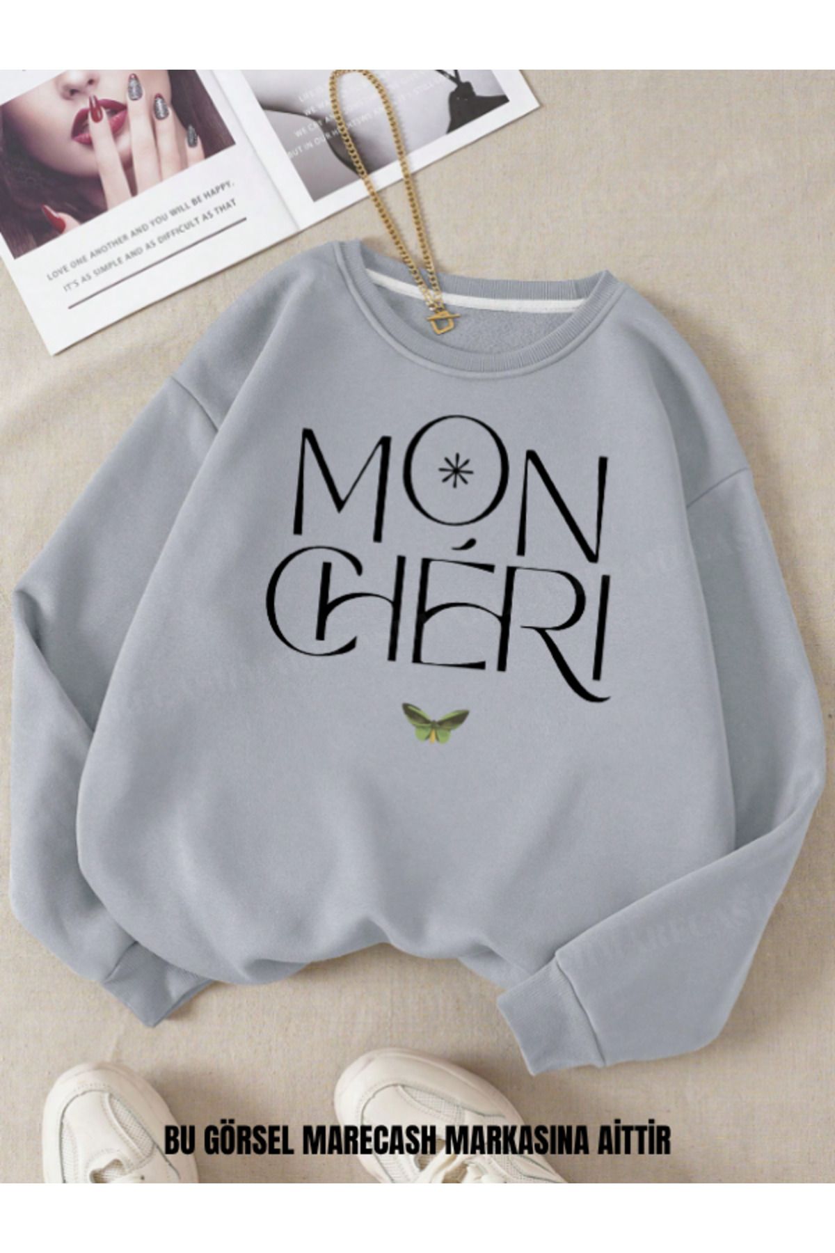 MARECASH Mon Cheri Baskılı Unisex Bisiklet Yaka Sweatshirt 3 İplik Kışlık