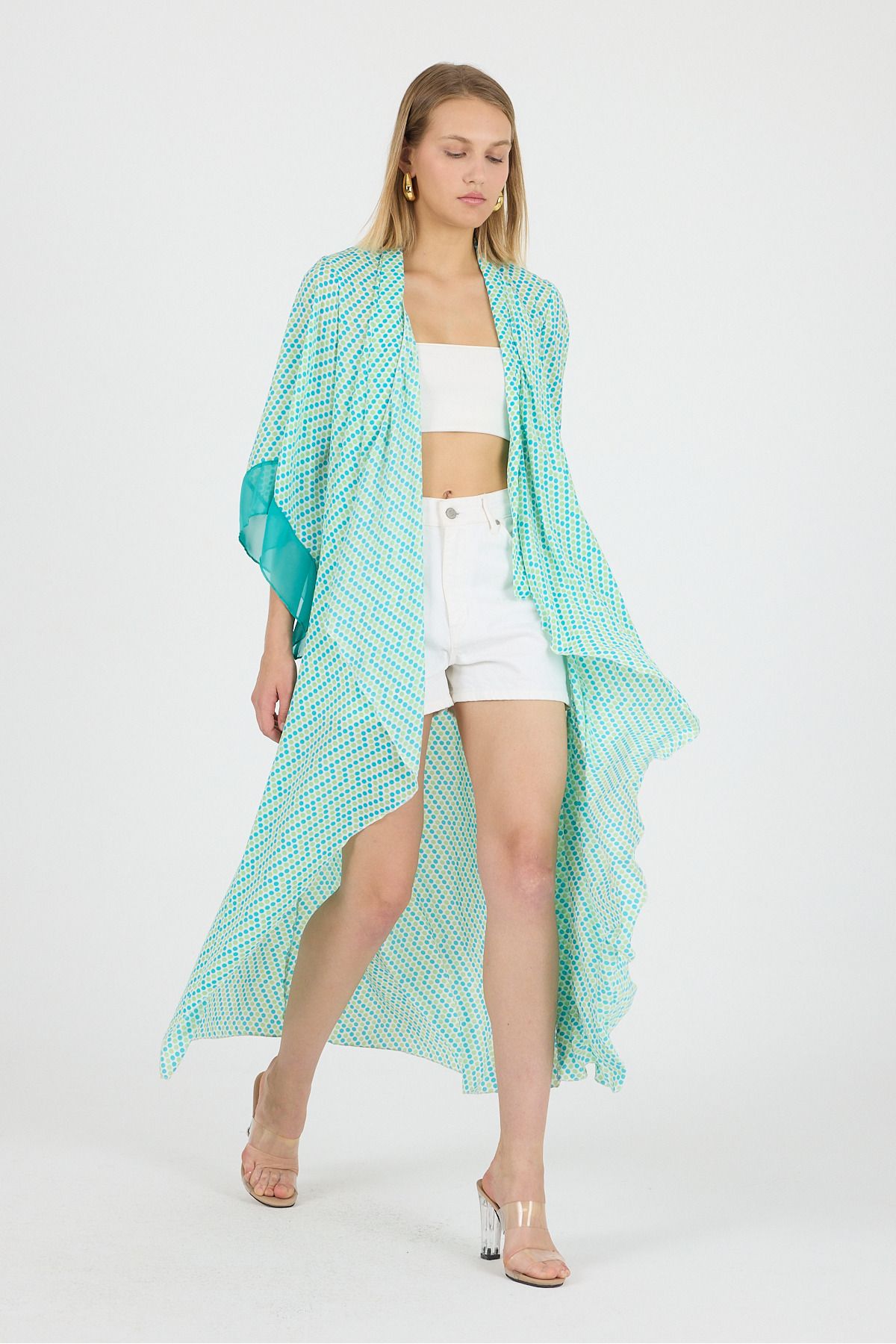 Laranor Puantyeli Şal Yaka Kol Ucu Saten Detay Volan Kol Şifon Maxi Kimono Kaftan Plaj Giyim 25L8115