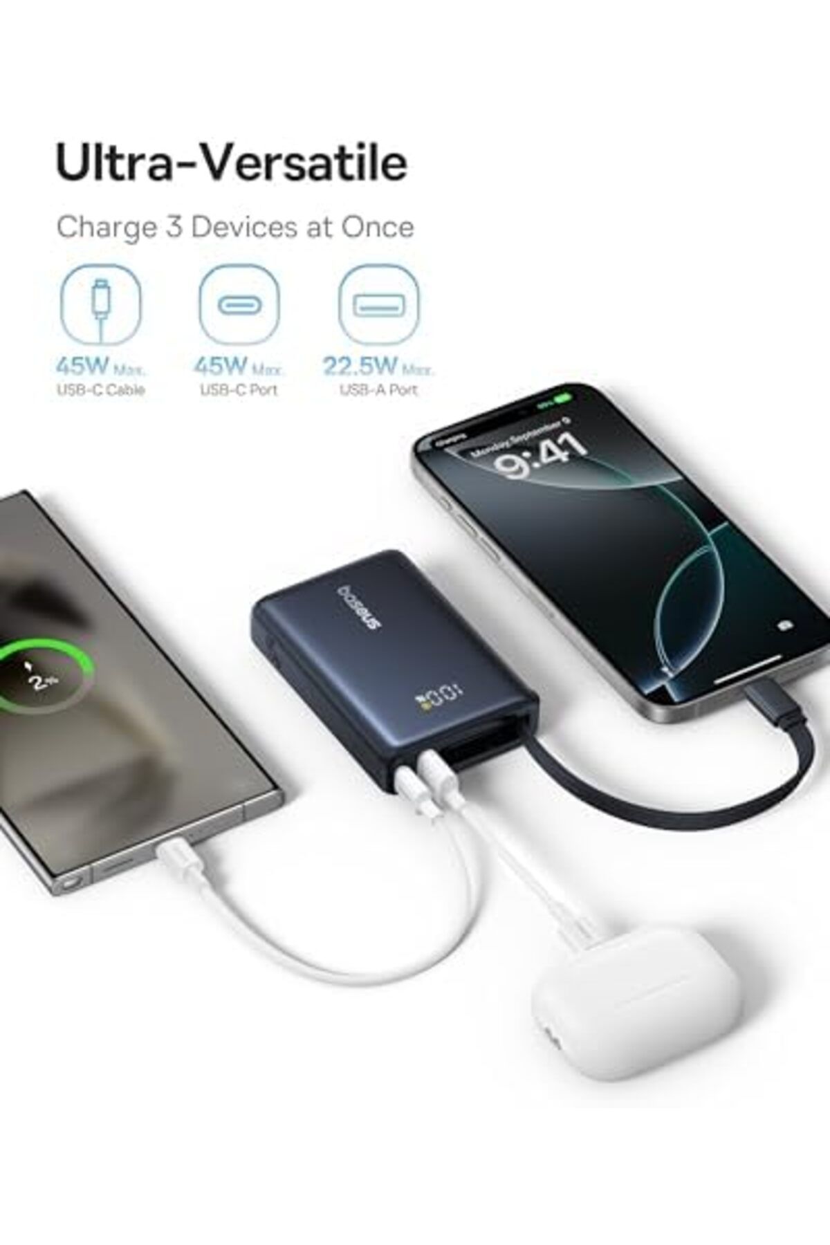 Baseus-10,000mAh Fast Charging Power Bank, 45W USB-C Cable, LED Display, 45W PD, 22.5W QC 3.0, for i 8