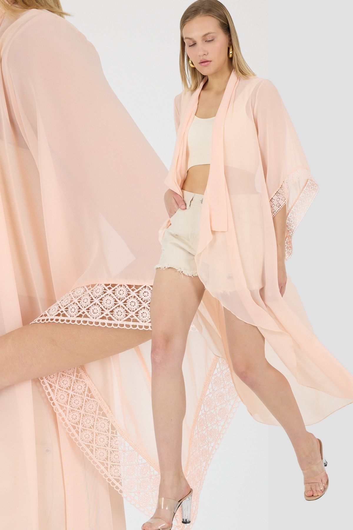 Laranor Somon Şal Yaka Kol Ucu Güpür DetayVolan Kol Şifon Maxi Kimono Kaftan Plaj Giyim 25L8114