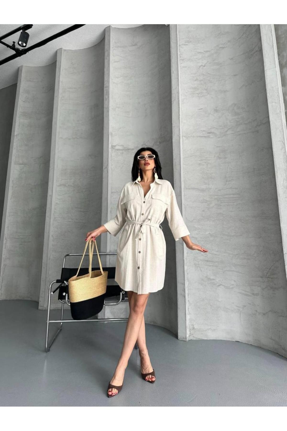 MODA Kadın Klasik Gömlek Yaka 3/4 Kol Kemerli Elbise