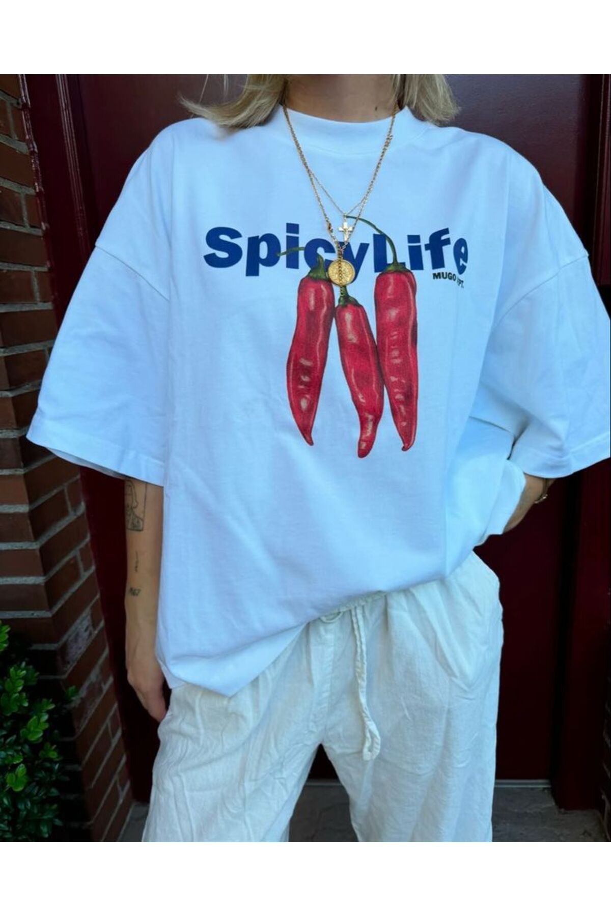 Carlson Beyaz Unisex Spicy Life Baskılı Oversize T-Shirt