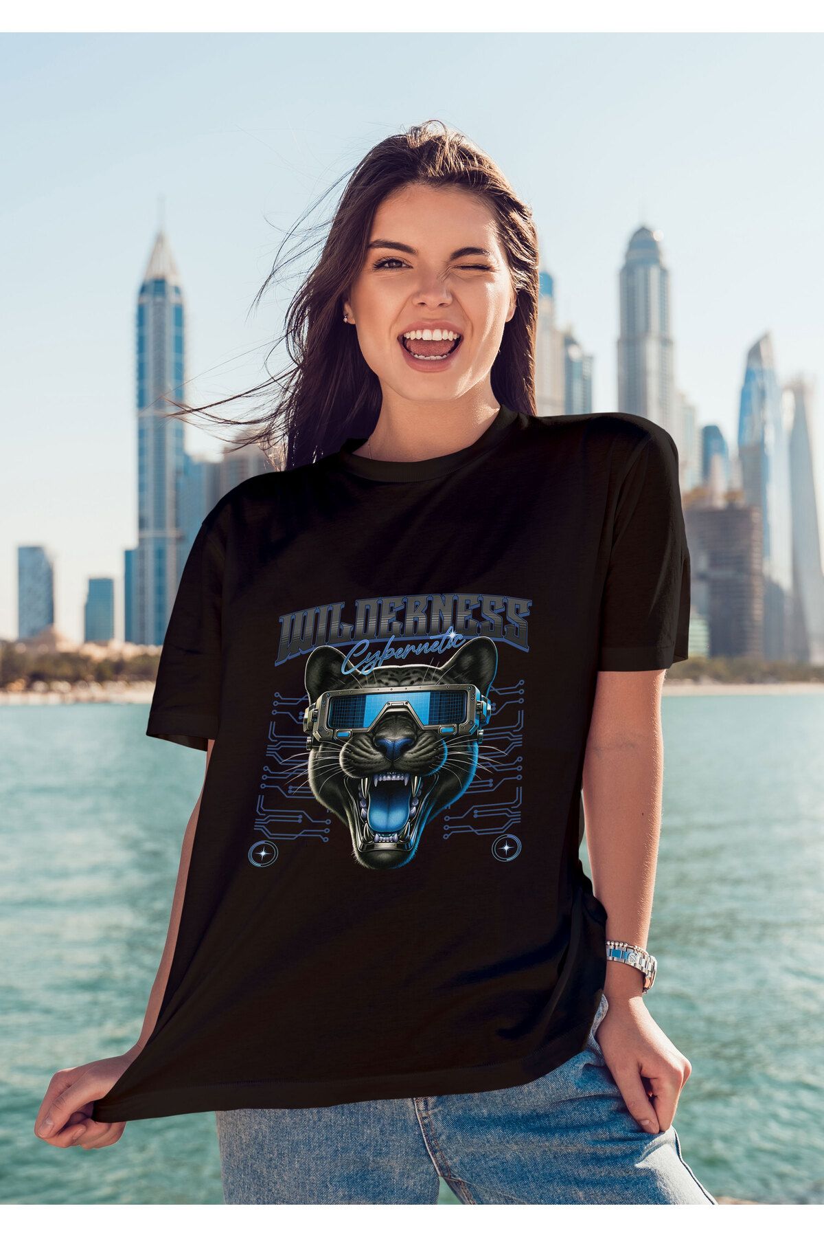 ELFAMİ Unisex Erkek/Kadın WILDERNESS Renkli Özel Baskılı Oversize Pamuklu Bisiklet Yaka T-Shirt Tişört
