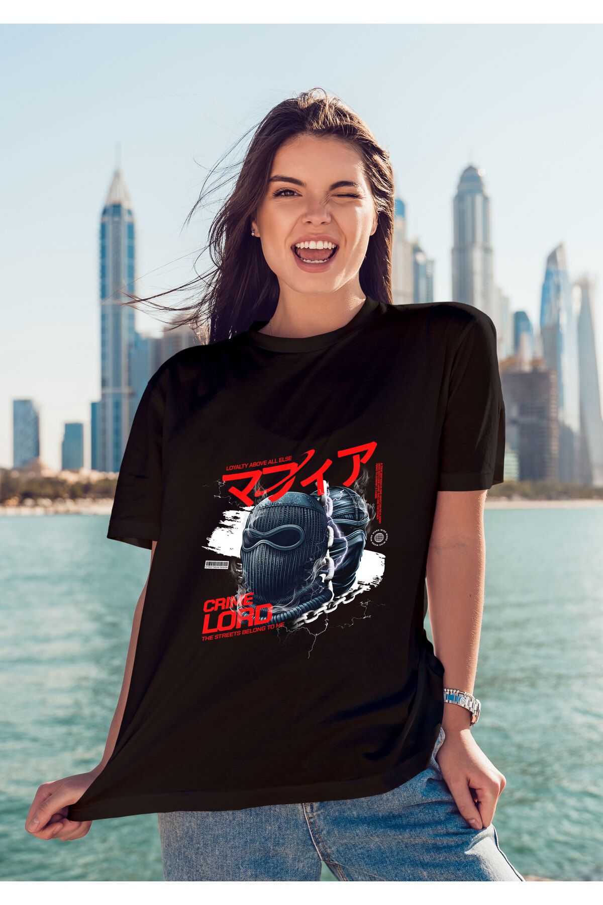 ELFAMİ Unisex Erkek/Kadın CRIME LORD Renkli Özel Baskılı Oversize Pamuklu Bisiklet Yaka T-Shirt Tişört