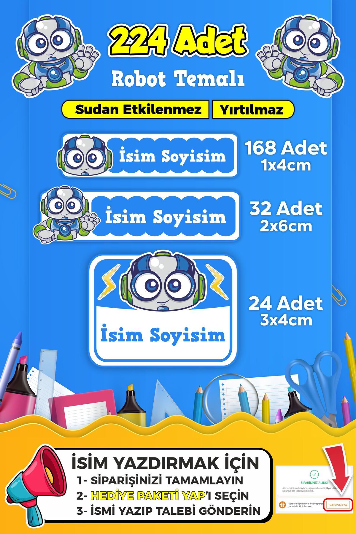 SB store Robot Temalı Okul Kreş Kişiye Özel isim Etiket Seti - Model 433