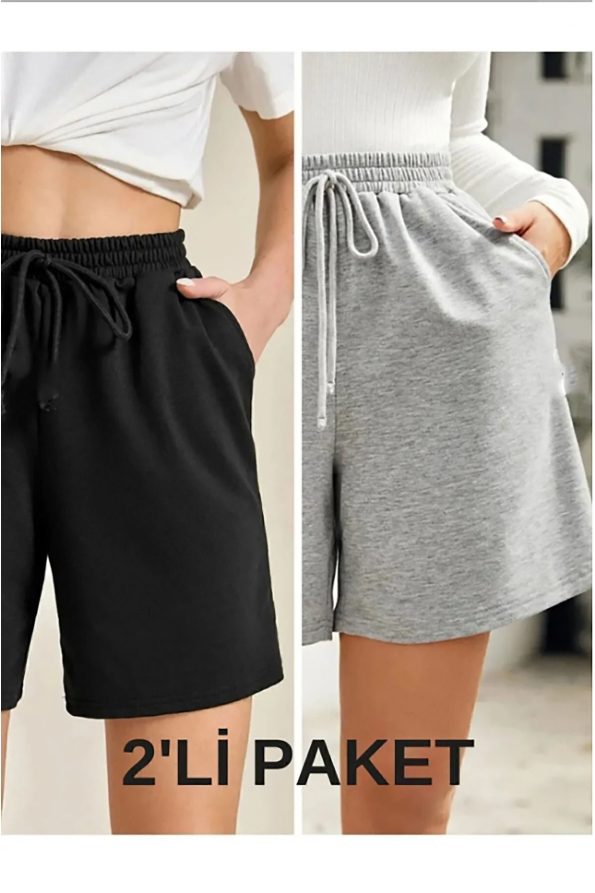 yueswear Unisex Siyah-Gri 2'li Beli Lastikli Cepli S-hort