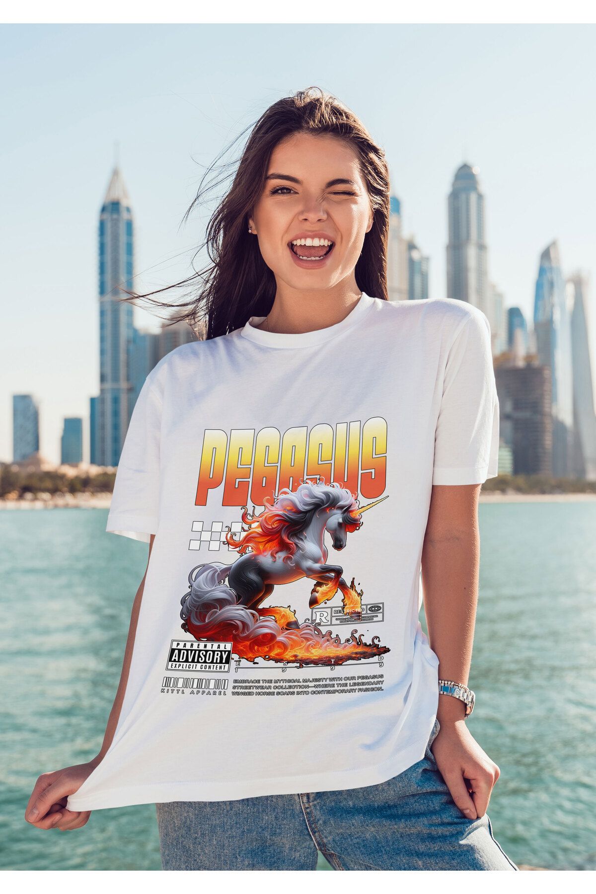 ELFAMİ Unisex Erkek/Kadın PEGASUS Renkli Özel Baskılı Oversize Pamuklu Bisiklet Yaka T-Shirt Tişört