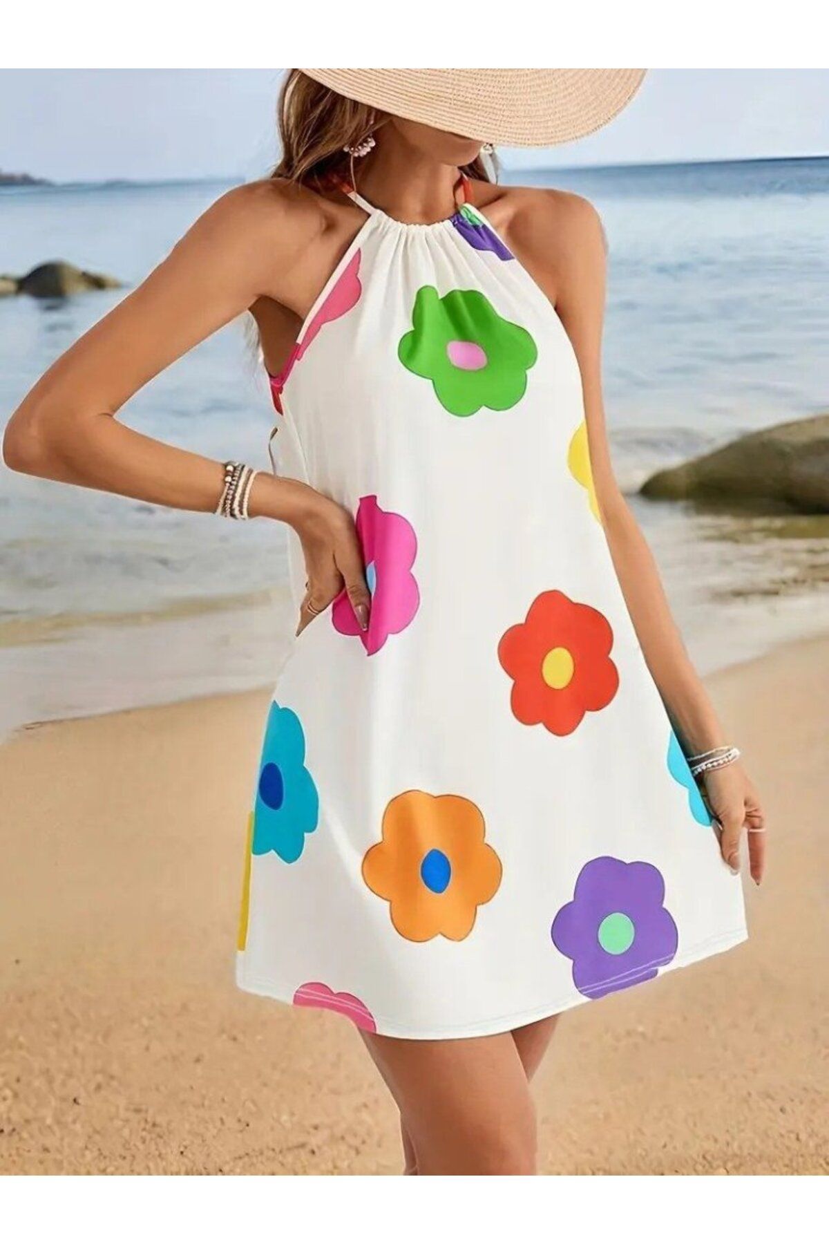 velmorafashion Kadın Boyundan Askılı Kolsuz çiçek Desenli Süprem Elbise