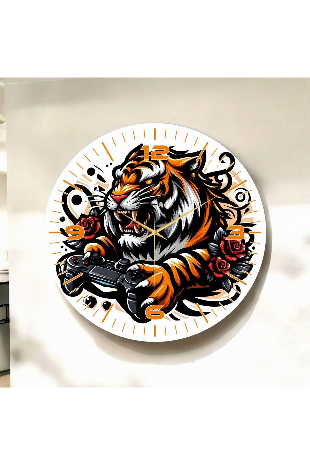 AA Shop Renkli Baskı Karikatürize Gamer Kaplan Desenli Sayılı Hediyelik Ahşap Sessiz Duvar Saati 50cm
