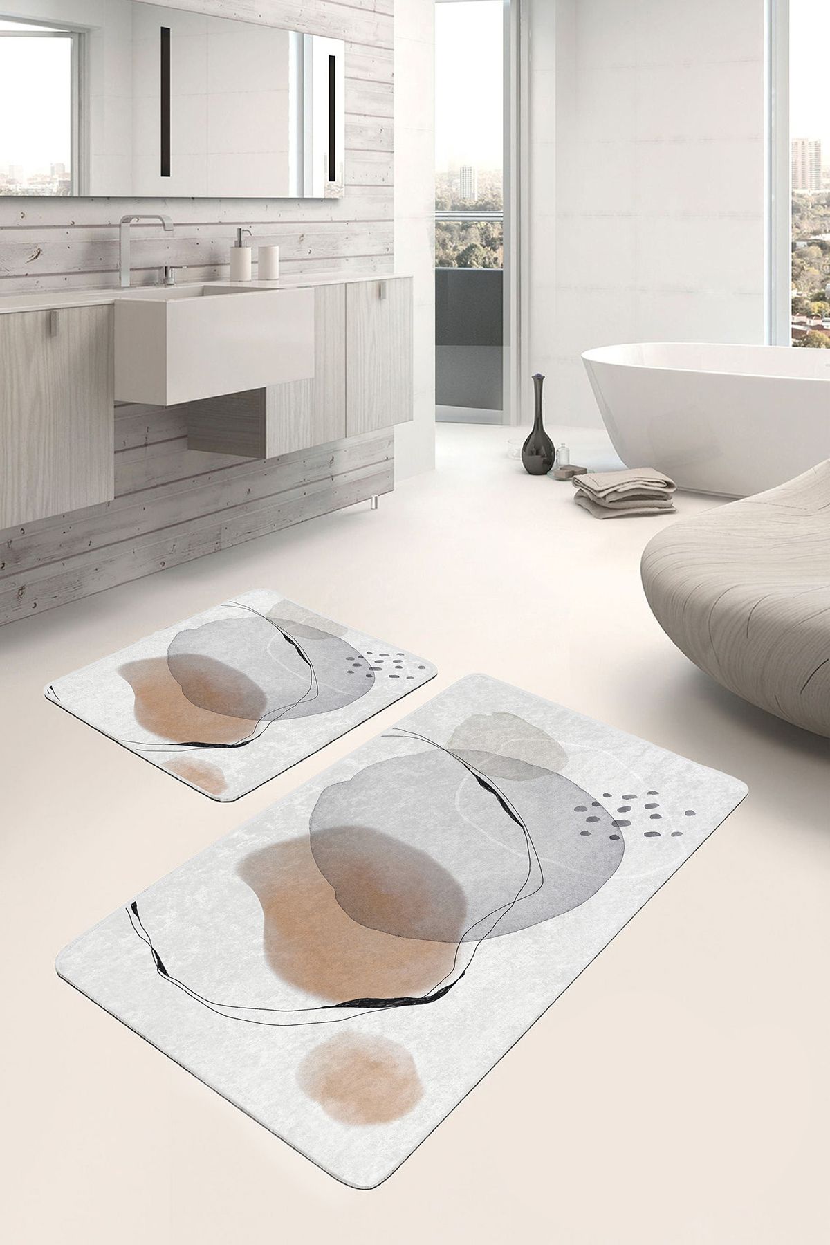Realhomes 2'li Set Gri - Bej Zeminde Kanvas Motifli Soyut Yağlıboya Bohem Klasik 2'li Banyo Paspas Takımı