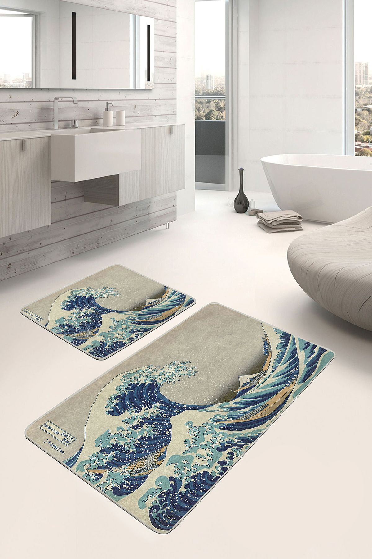 Realhomes Mavi - Gri Zeminde Sanat Eseri Motifli Kanagawa Dalgası Desenli Vintage 2'li Banyo Paspas Takımı