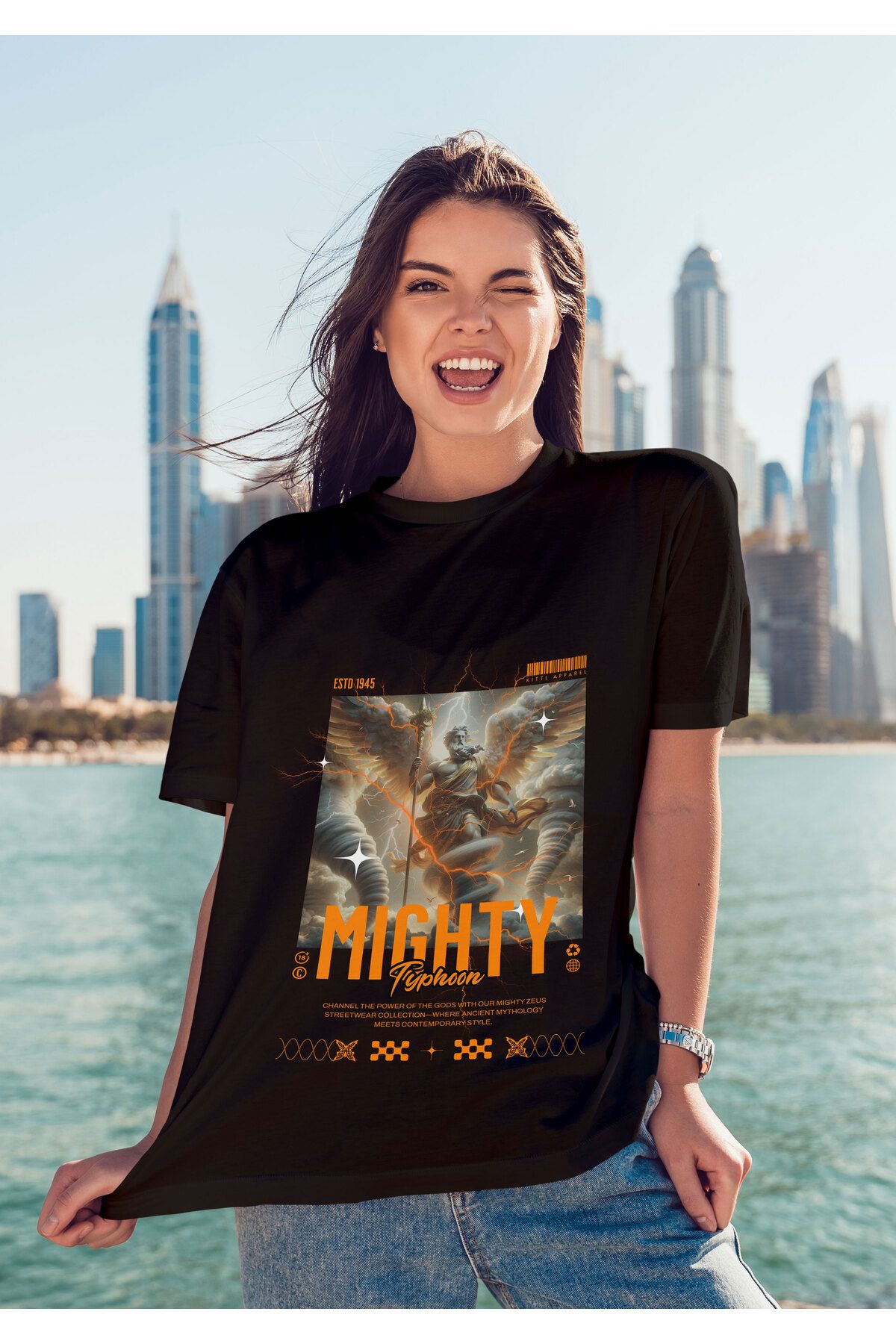 ELFAMİ Unisex Erkek/Kadın MIGHTY Renkli Özel Baskılı Oversize Pamuklu Bisiklet Yaka T-Shirt Tişört