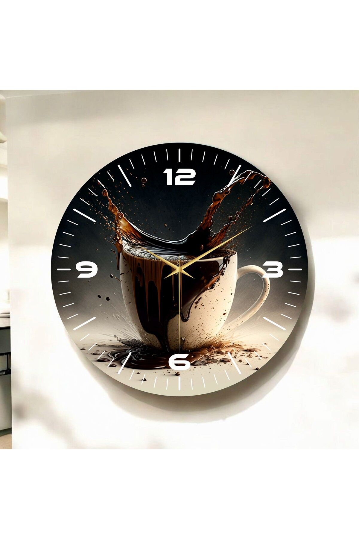 AA Shop Gerçekçi Kahve Renkli Baskı Fincan Desenli Sayılı Hediyelik Ahşap Sessiz Duvar Saati 50cm