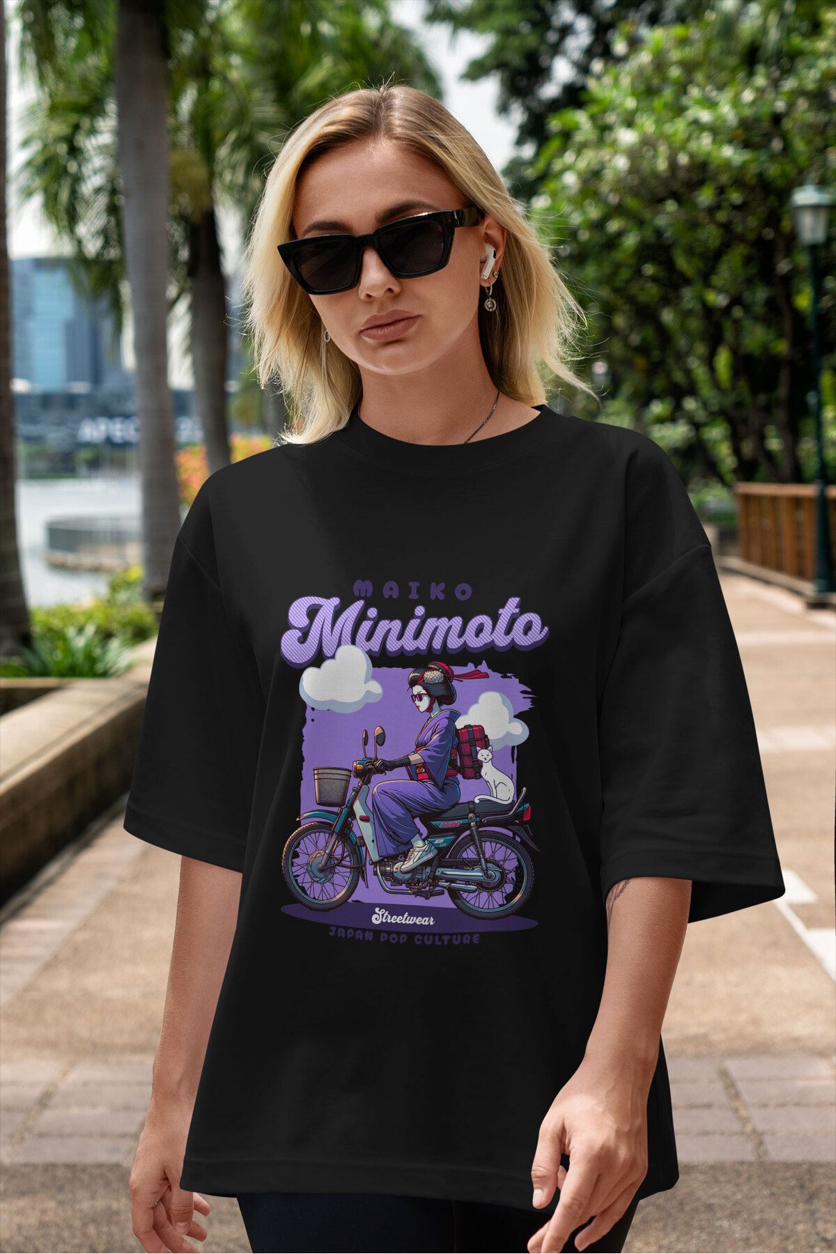 ELFAMİ Unisex Erkek/Kadın MAIKO MINIMOTO Renkli Özel Baskılı Oversize Pamuklu Bisiklet Yaka T-Shirt Tişört