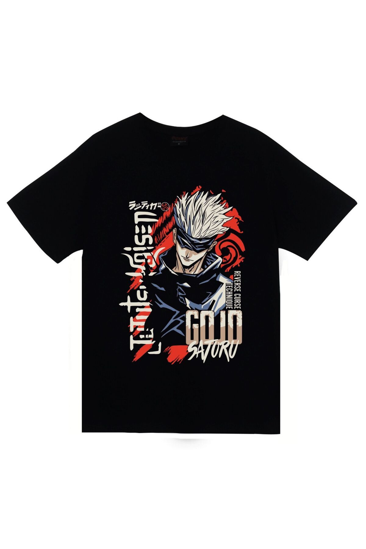 fame-stoned Jujutsu Kaisen Satoru Gojo Anime Baskılı Unisex %100 Pamuk Siyah T-shirt