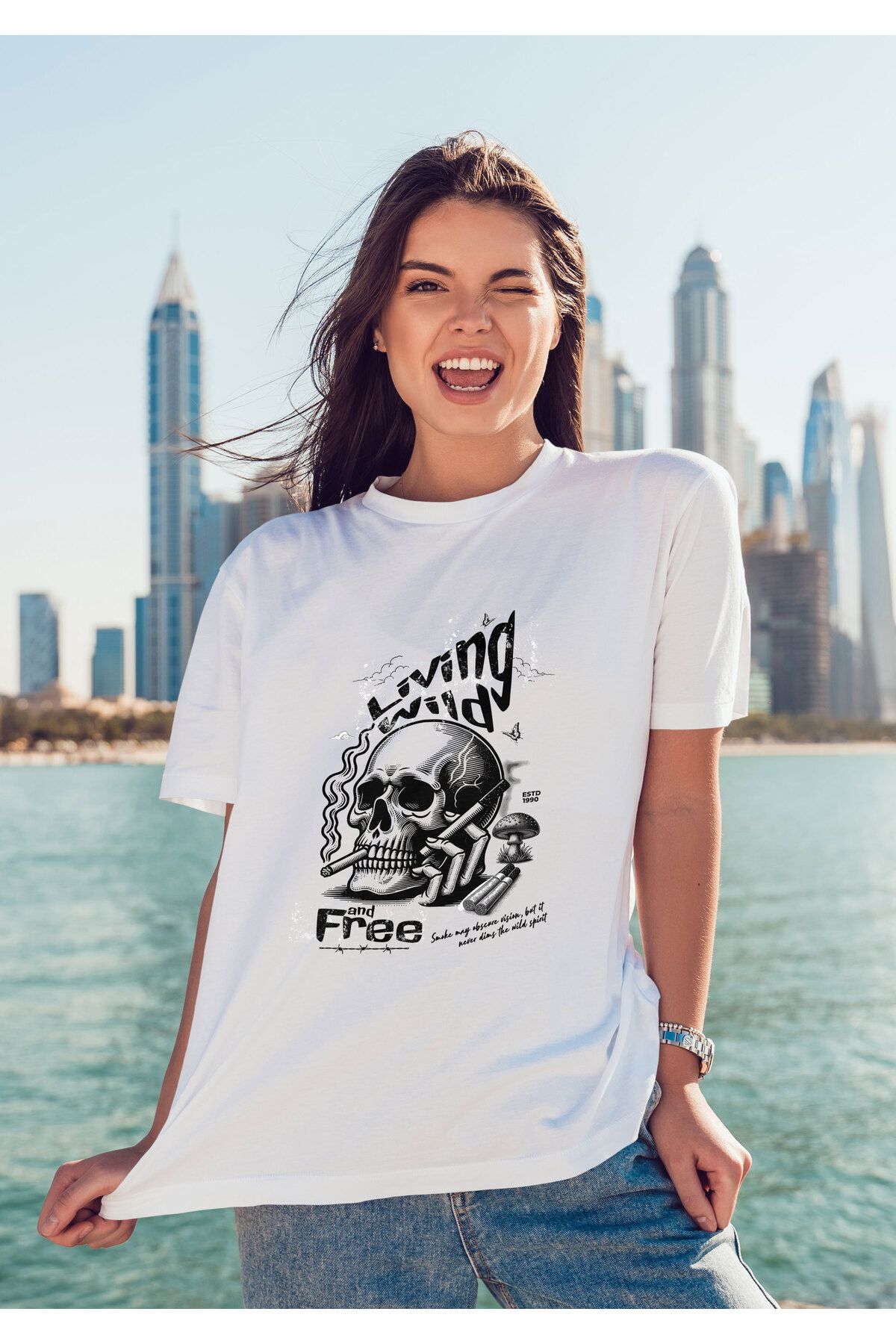 ELFAMİ Unisex Erkek/Kadın LIVING WILD Renkli Özel Baskılı Oversize Pamuklu Bisiklet Yaka T-Shirt Tişört