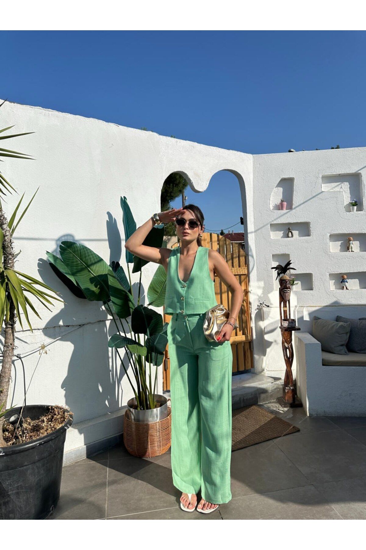 AsprinFashion Çizgili Kumaş Yelek Takım yeşil