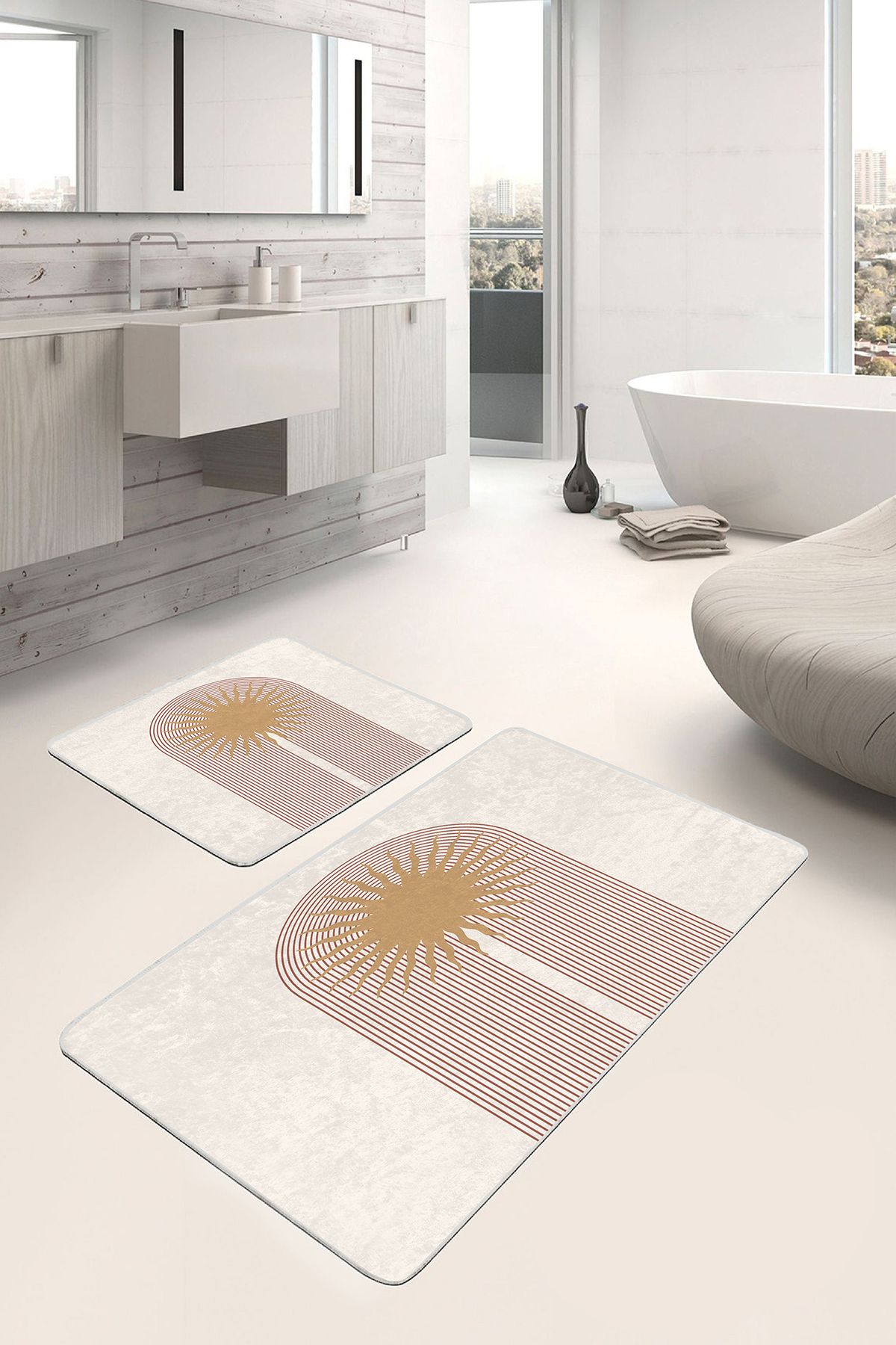 Realhomes 2'li Set Beyaz - Krem Zeminde Mistik Motifli Bohem Desenli Geometrik Bohem 2'li Banyo Paspas Takımı