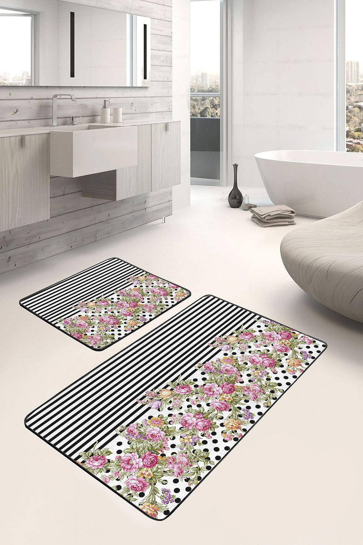 Realhomes 2'li Set Siyah - Pembe Zeminde Geometrik Motifli Çiçek Geometrik Floral 2'li Banyo Paspas Takımı