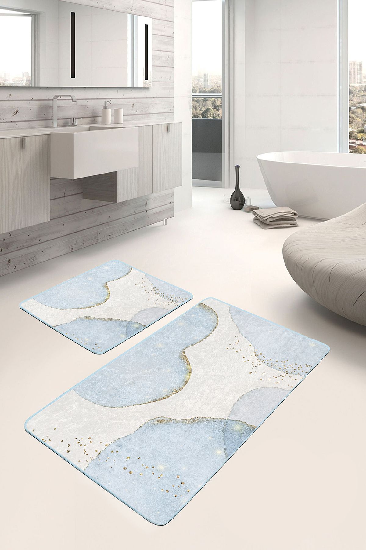 Realhomes 2'li Gold - Mavi Zeminde Altın Motifli Boyama Desenli Bohem Modern 2'li Banyo & Mutfak Paspas Takımı