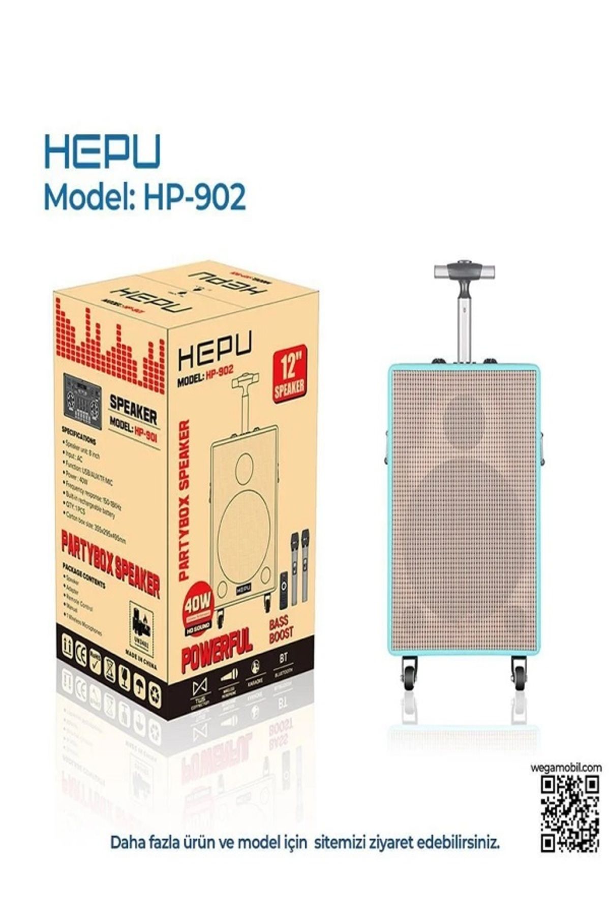 HEPU HP-902 12'' 30CM KABLOSUZ 2 EL MİKROFON ŞARJLI MÜZİK KUTUSU & MEVLÜT ANFİSİ