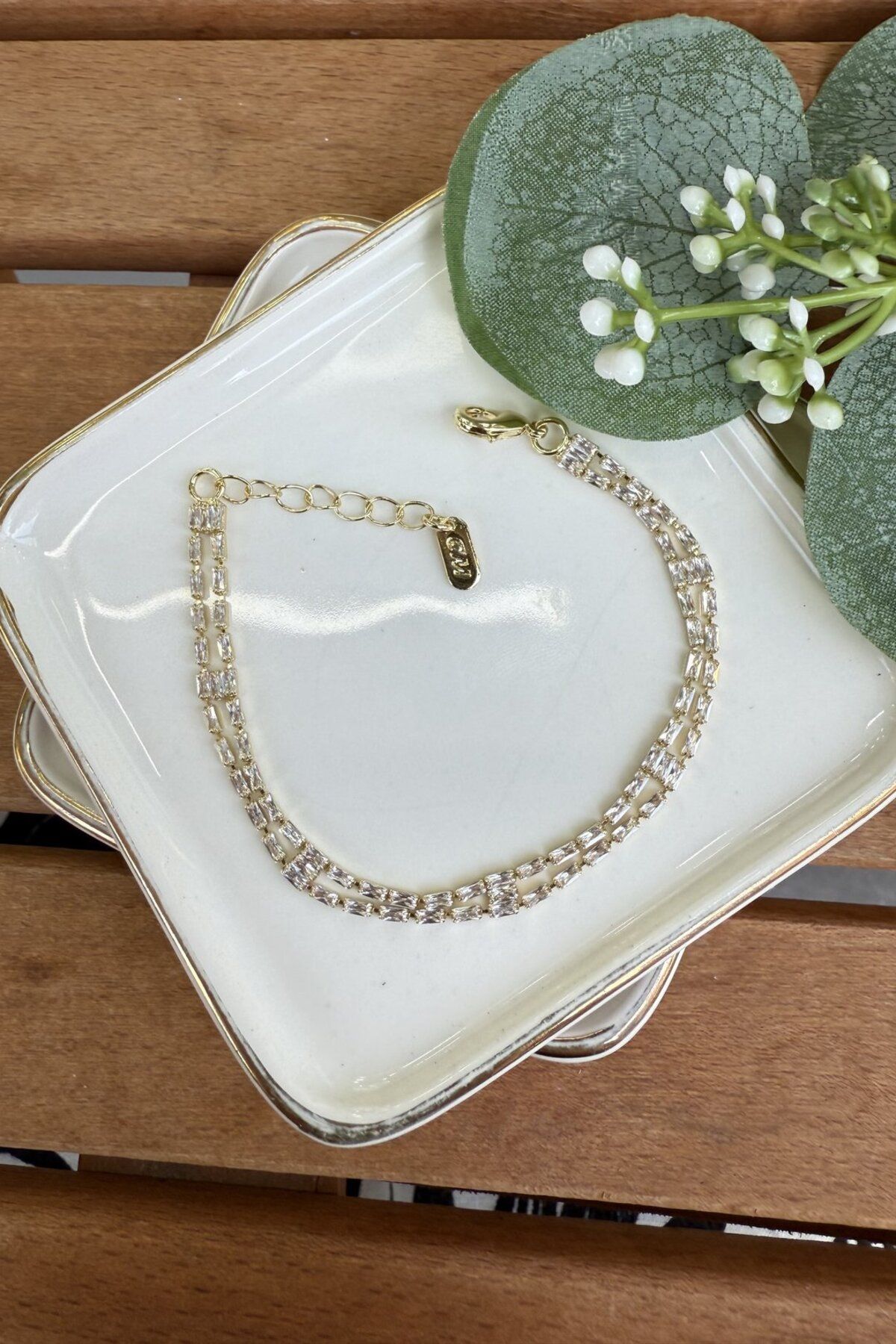 My Joyas Design 14K Altın Kaplama Çift Sıra Baget Su Yolu Bileklik Gold 17+3cm