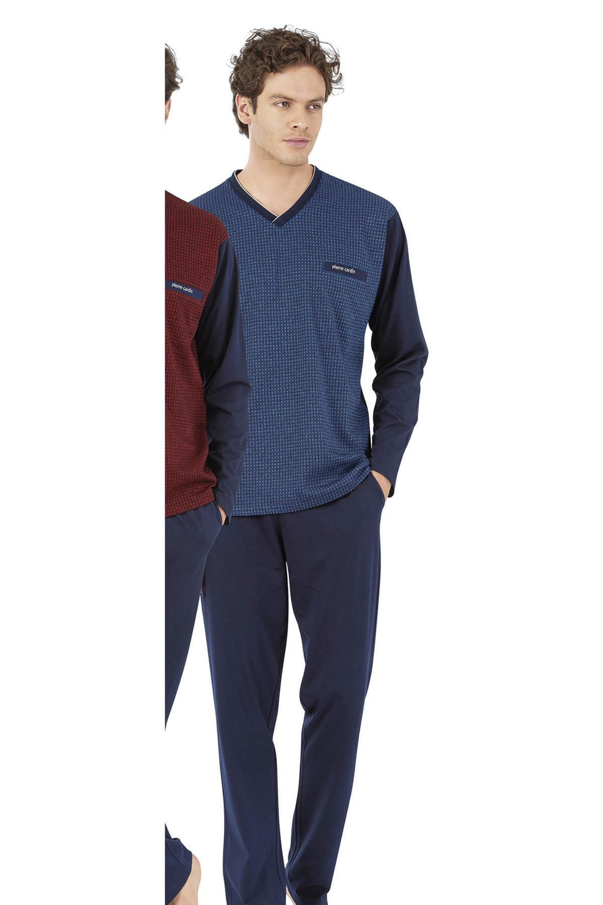 Pierre Cardin Kutulu V Yaka Erkek Pijama Takım, %100 Pamuklu Jakarlı Pijama Takım