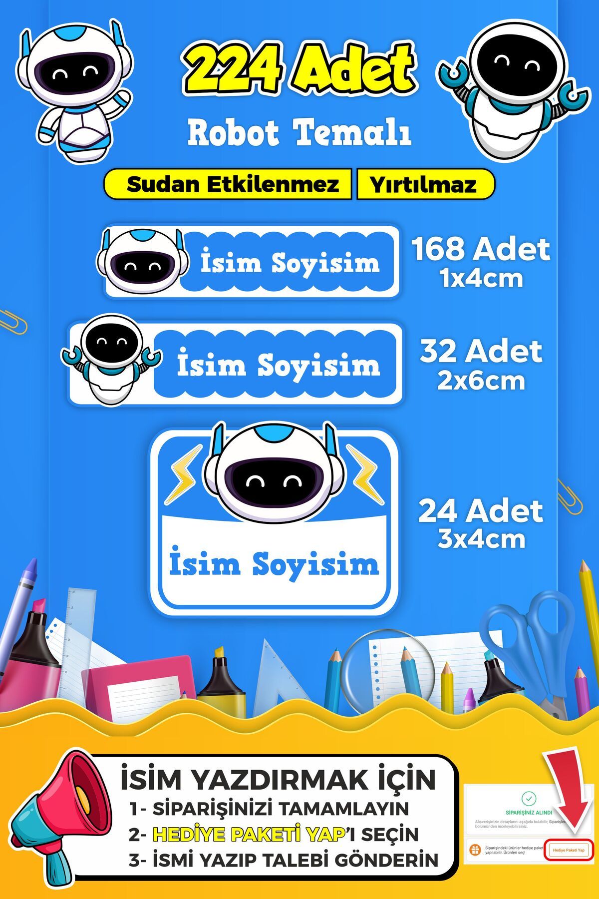 SB store Robot Temalı Okul Kreş Kişiye Özel isim Etiket Seti - Model 434