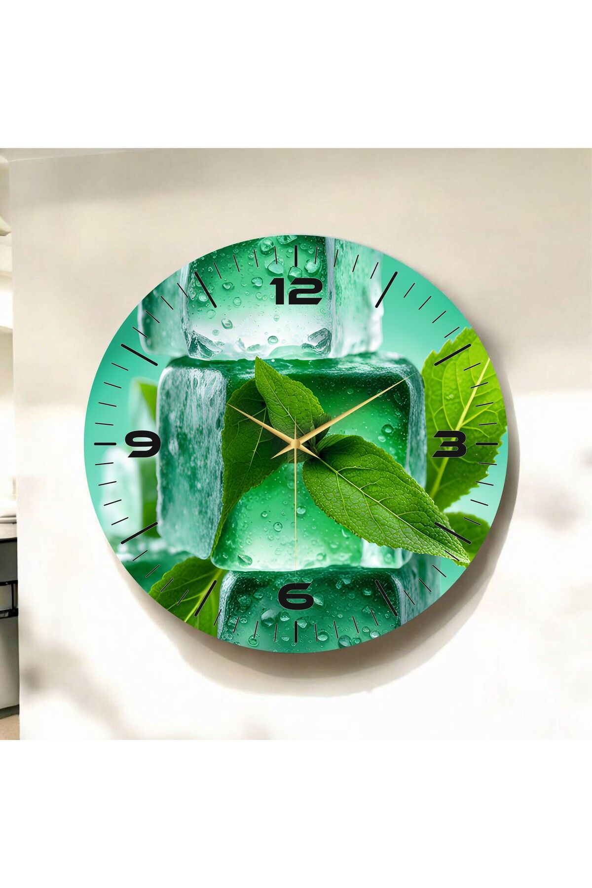 AA Shop Yeşil Renkli Baskı Buz ve Nane Desenli Sayılı Hediyelik Ahşap Sessiz Duvar Saati 50cm