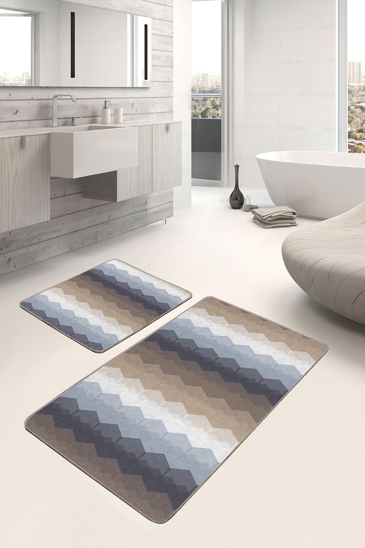 Realhomes Kahverengi - Ekru Zeminde Zikzak Motifli Geometrik Geometrik Sade & Şık 2'li Banyo Paspas Takımı