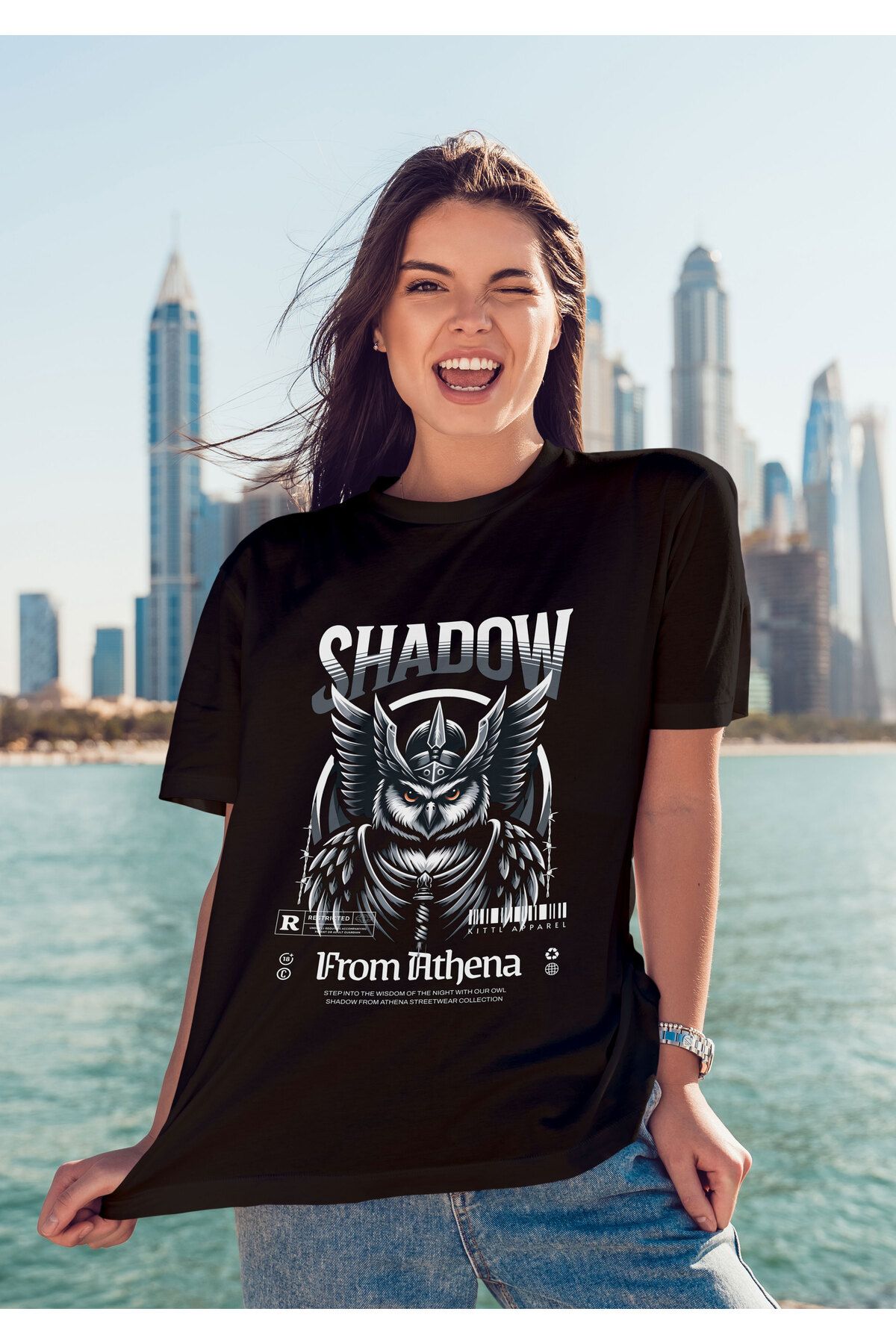 ELFAMİ Unisex Erkek/Kadın SHADOW Renkli Özel Baskılı Oversize Pamuklu Bisiklet Yaka T-Shirt Tişört