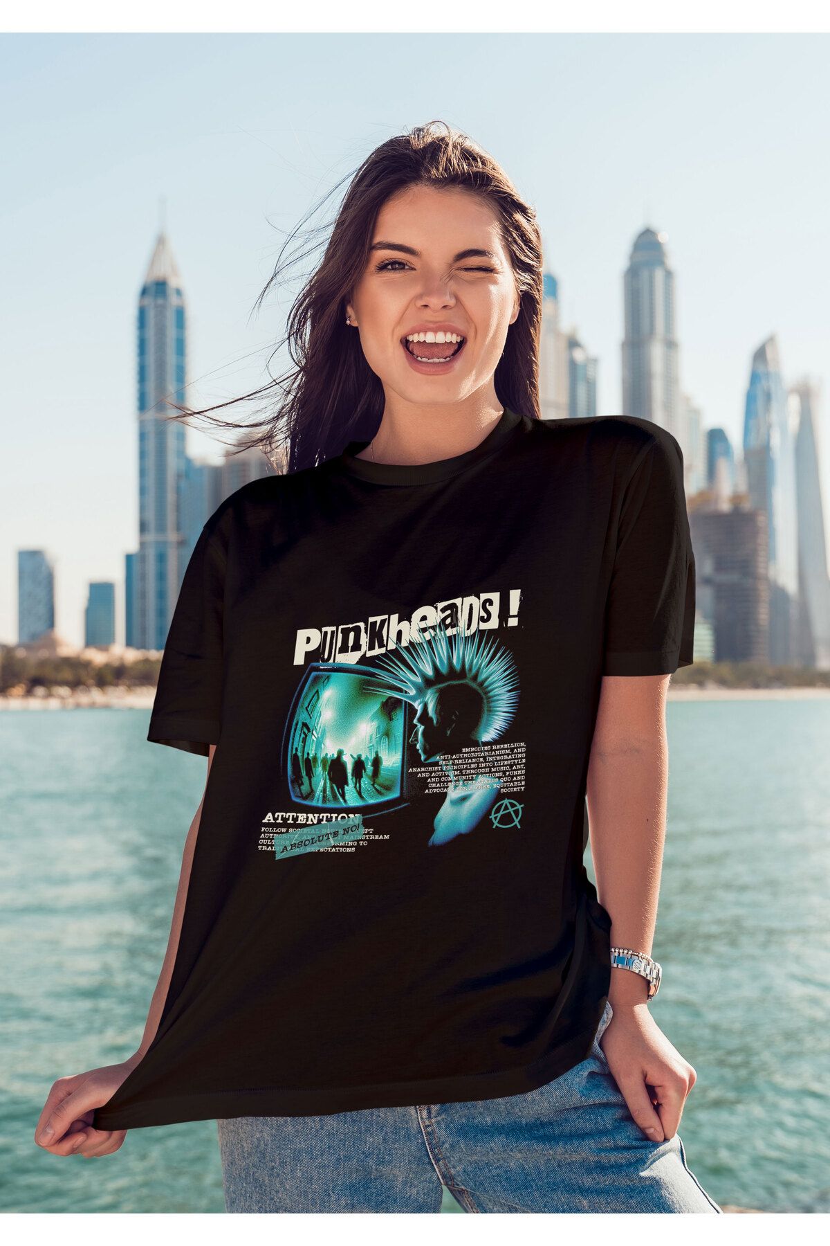 ELFAMİ Unisex Erkek/Kadın PUNK HEADS Renkli Özel Baskılı Oversize Pamuklu Bisiklet Yaka T-Shirt Tişört
