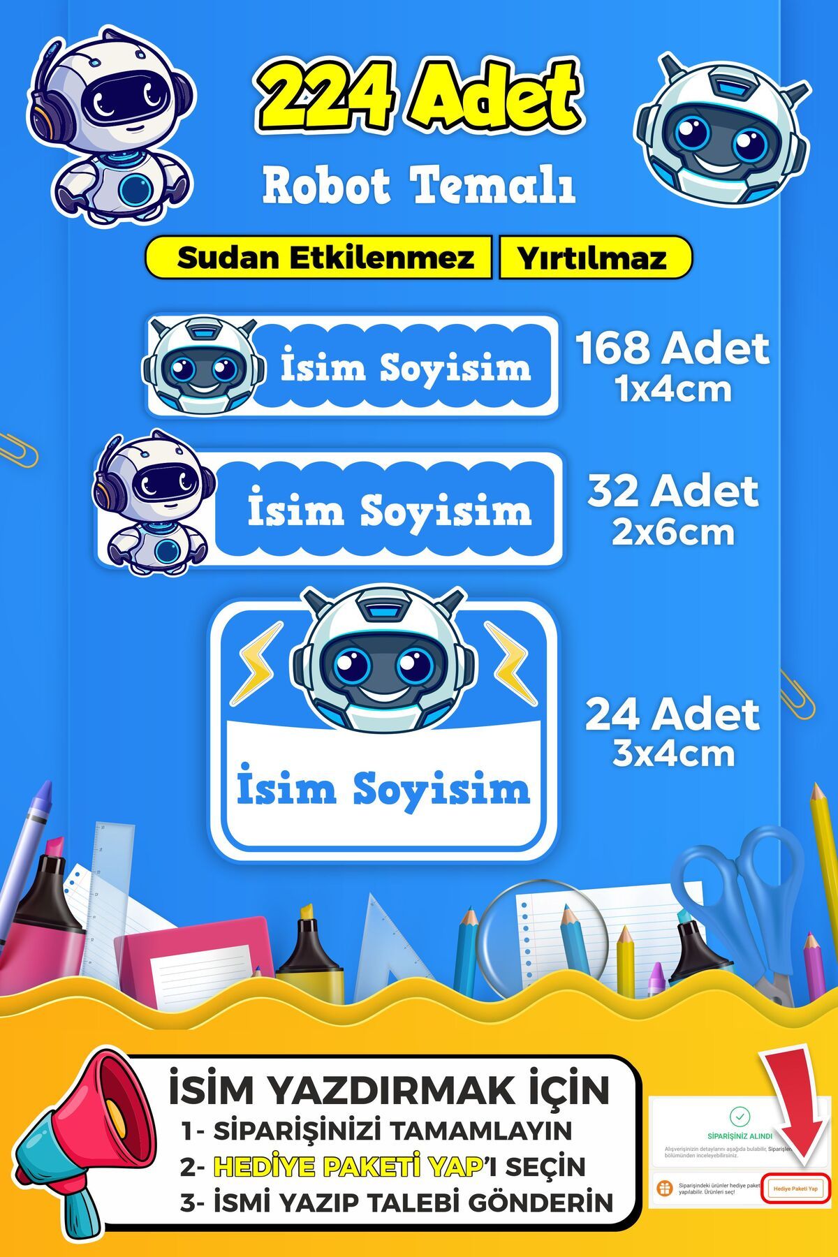 SB store Robot Temalı Okul Kreş Kişiye Özel isim Etiket Seti - Model 435