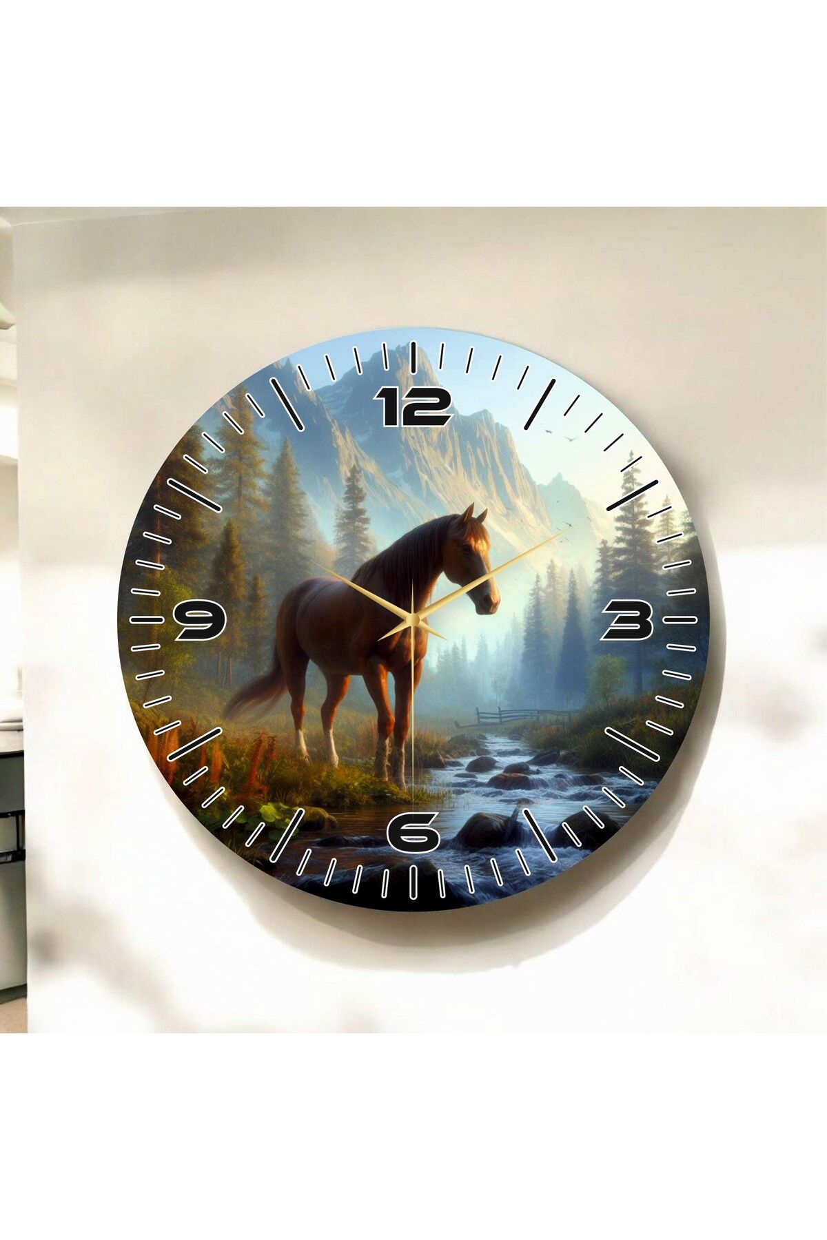 AA Shop At ve Manzara Fotoğraflı Renkli Baskı Desenli Sayılı Hediyelik Ahşap Sessiz Duvar Saati 50cm