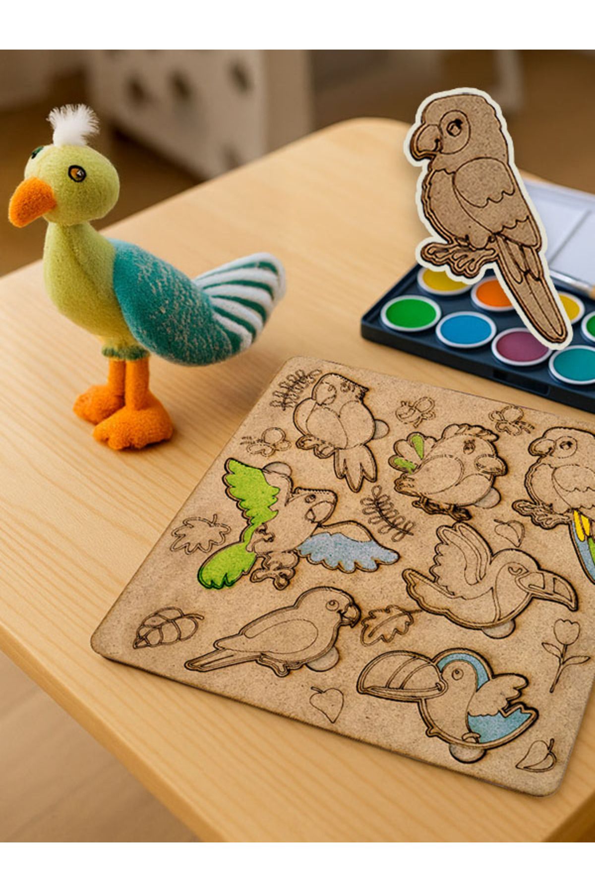 Premium Ant Kuş Temalı Ahşap Boyanabilir Puzzle Aktivite Oyunu